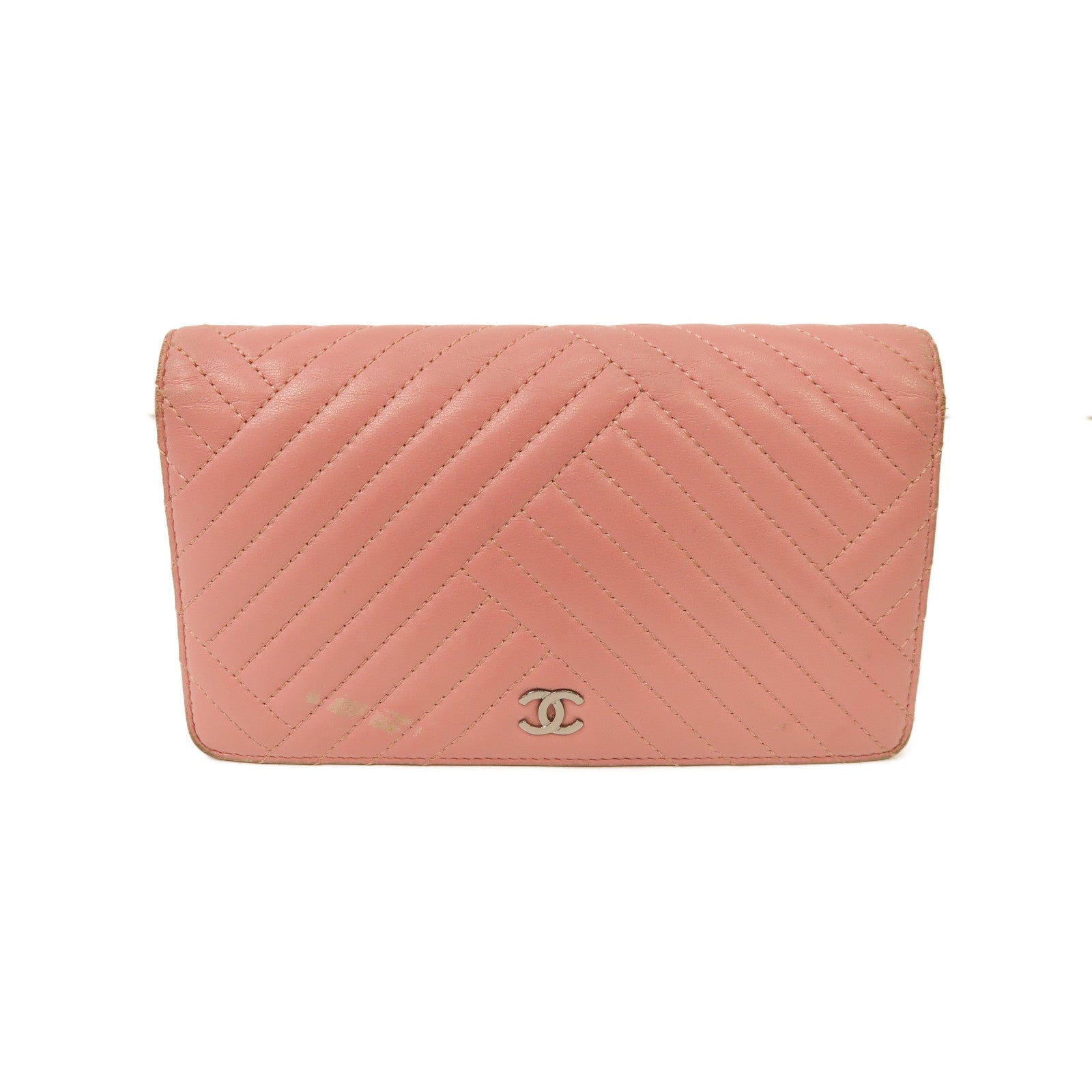 CHANEL 【激減優惠】羊皮皮革Long Wallet銀扣長錢包粉紅色