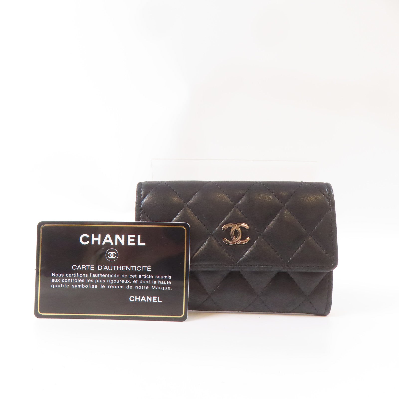 CHANEL 菱格羊皮皮革Card Case銀扣卡片套黑色