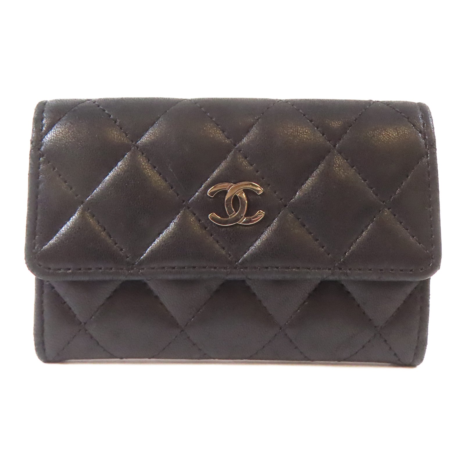 CHANEL 菱格羊皮皮革Card Case銀扣卡片套黑色