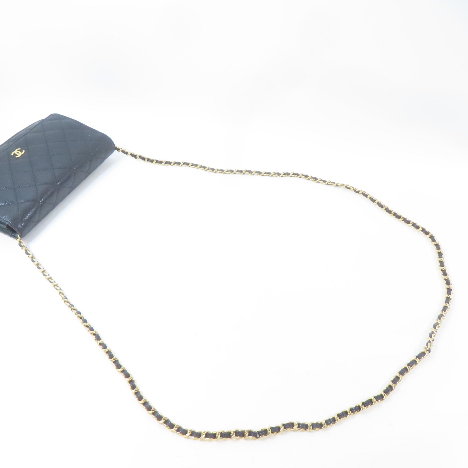 CHANEL 菱格Caviar皮革WOC Wallet On Chain Shoulder Bag金扣鏈帶肩背袋黑色