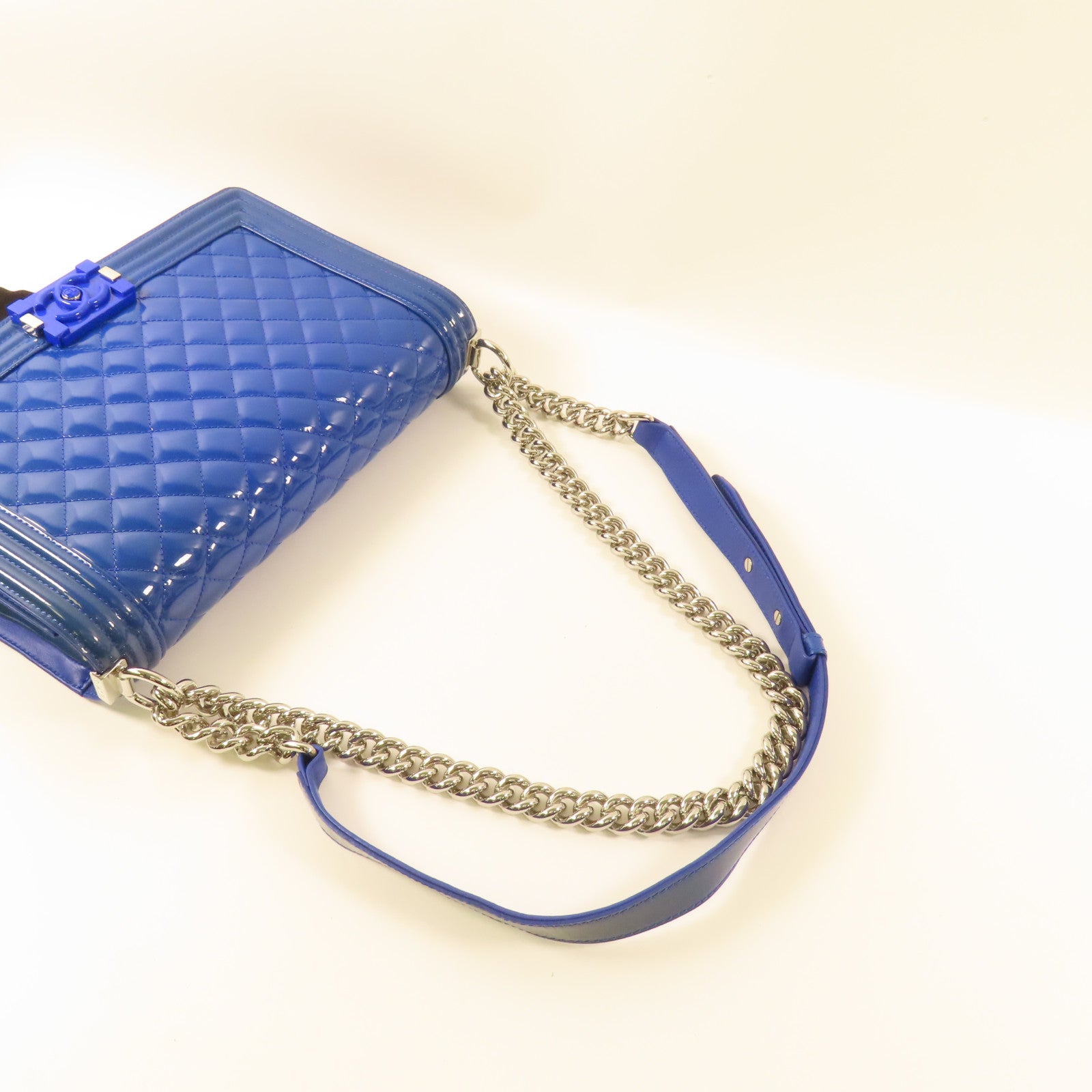 CHANEL CC SHW Boy 28 Chain Shoulder Bag Patent Leather Blue