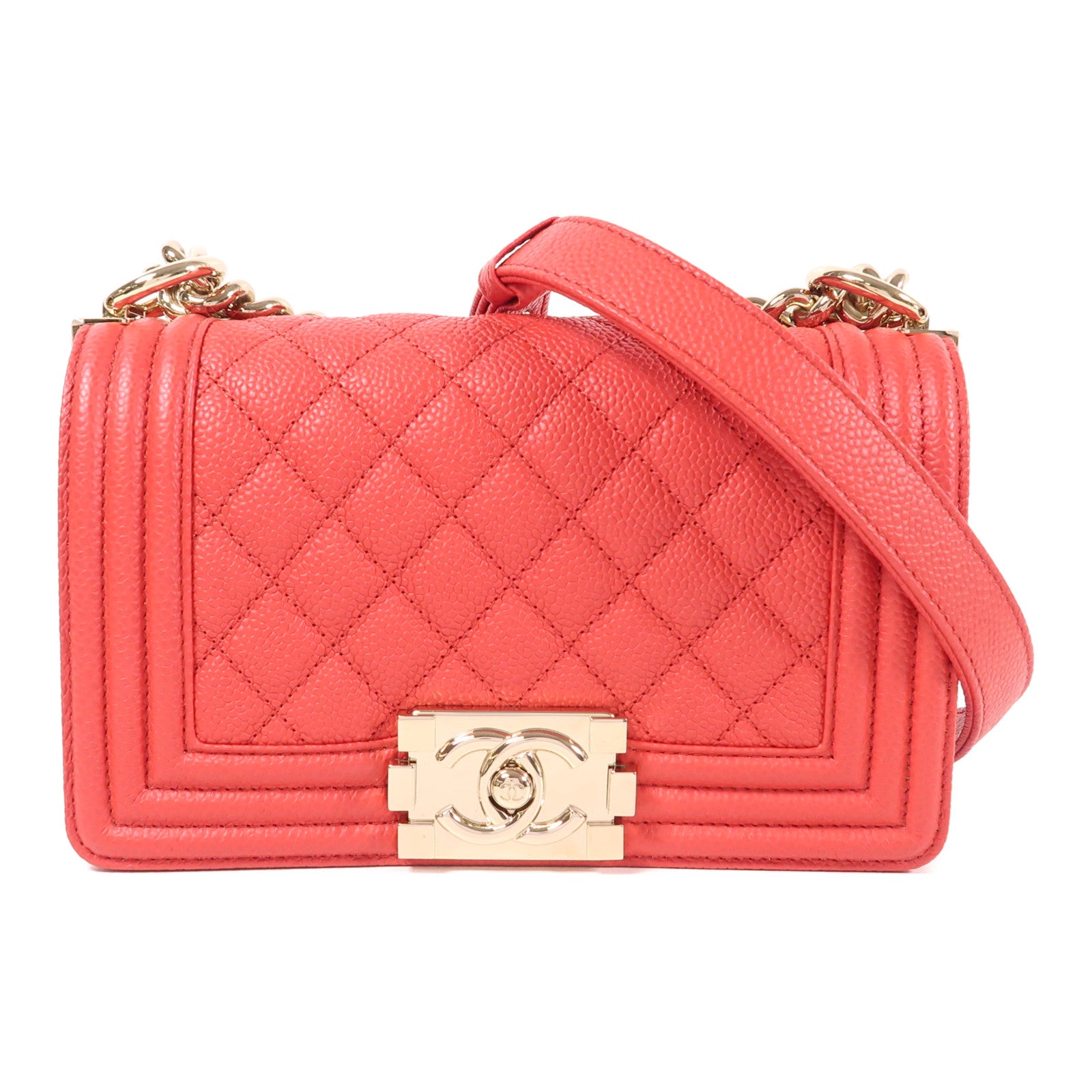 CHANEL CC GHW Boy 20 Chain Shoulder Bag Calfskin Leather Red