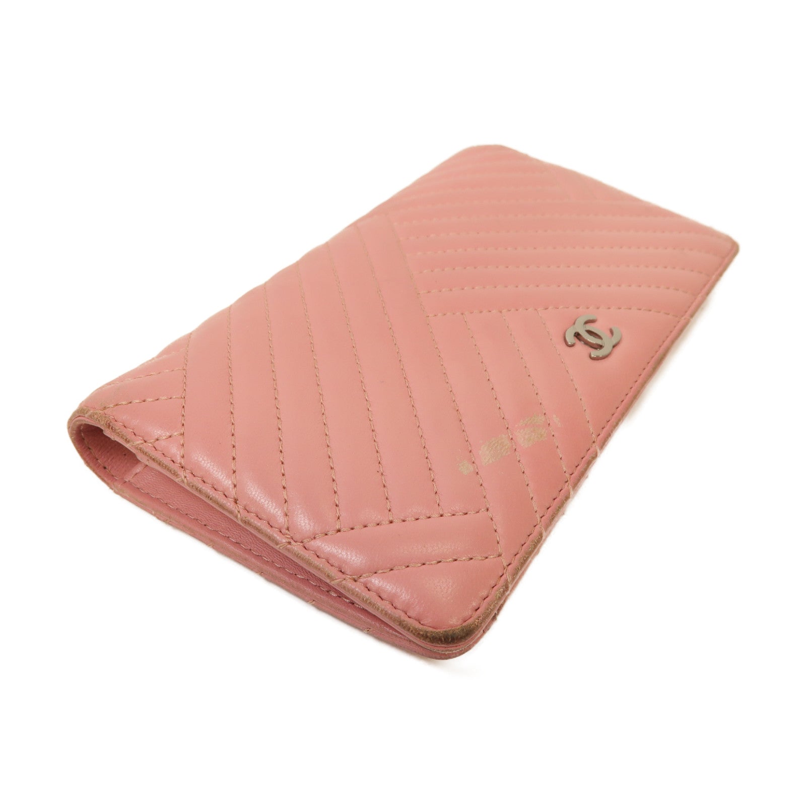 CHANEL 【激減優惠】羊皮皮革Long Wallet銀扣長錢包粉紅色