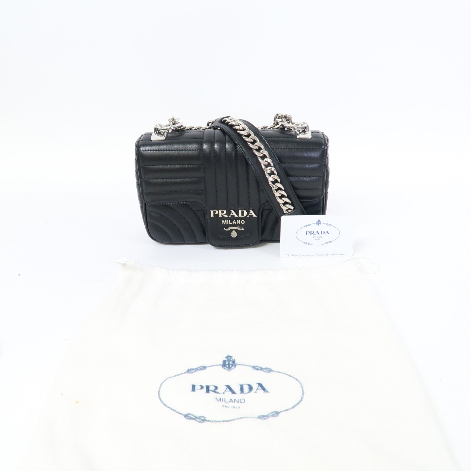 PRADA 牛皮皮革Diagramme Chain Shoulder Bag銀扣鏈帶肩背袋黑色