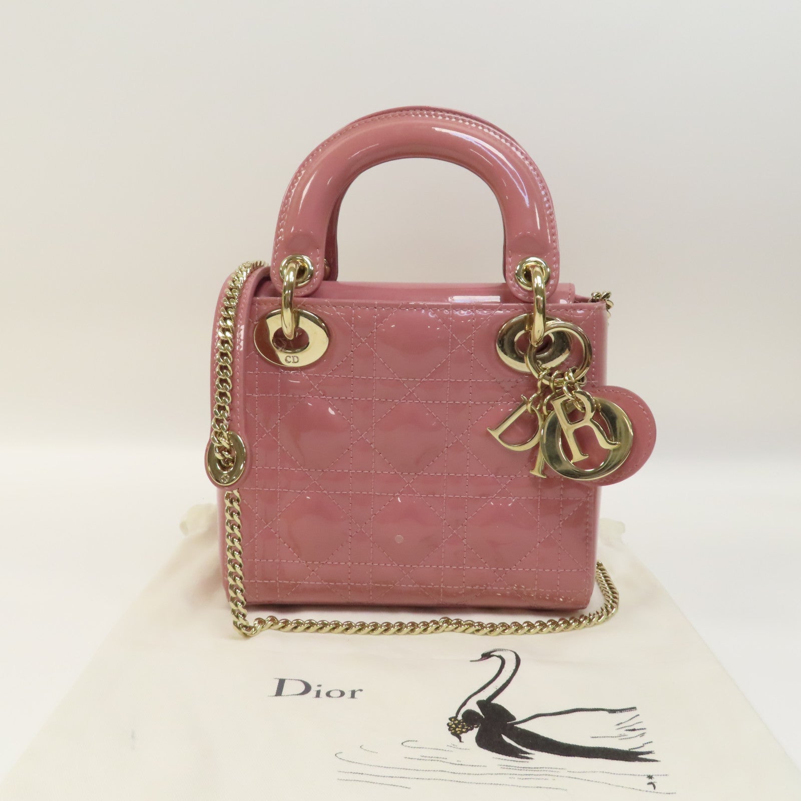 Dior 漆皮皮革Lady Dior Mini金扣鏈帶肩背袋粉紅色
