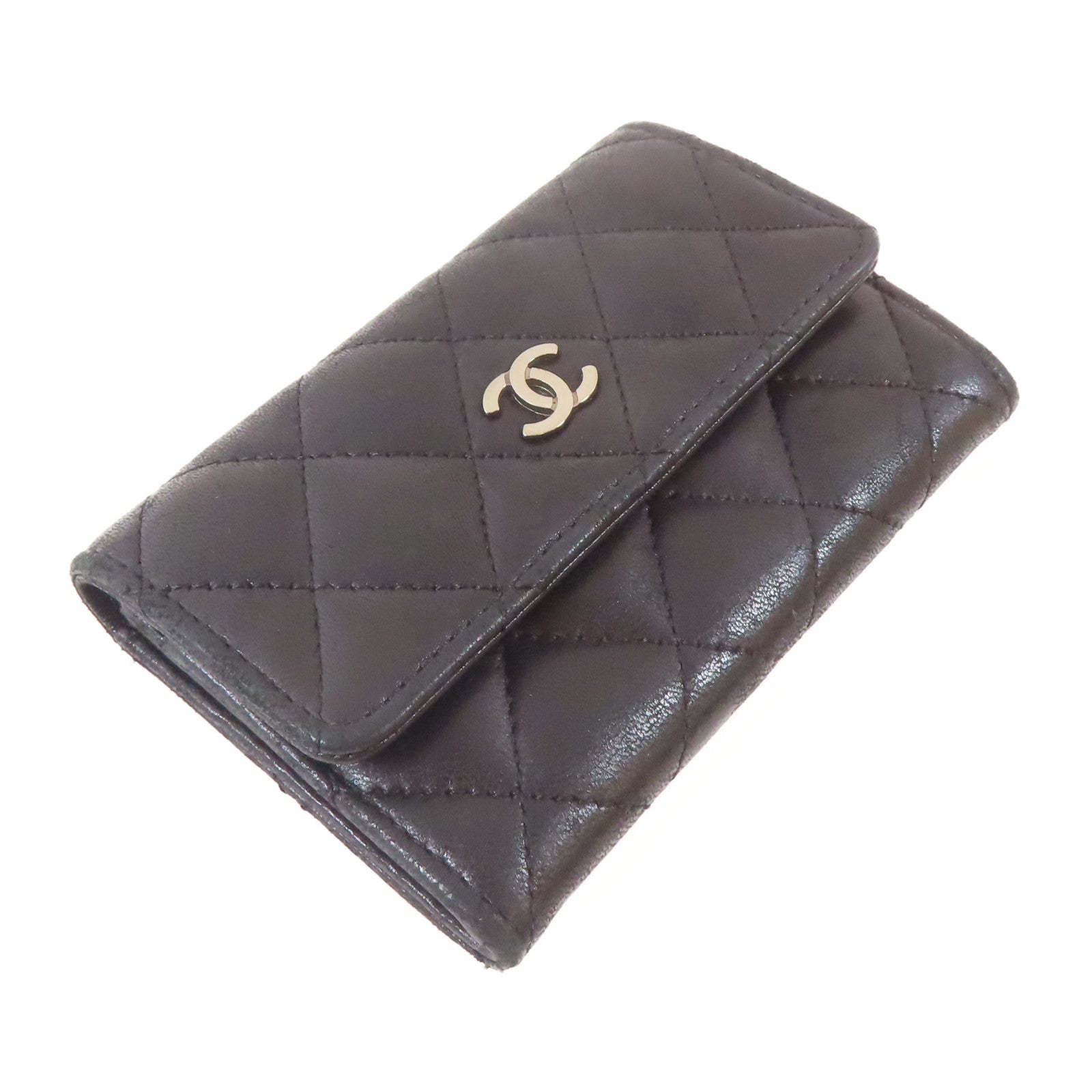 CHANEL 菱格羊皮皮革Card Case銀扣卡片套黑色