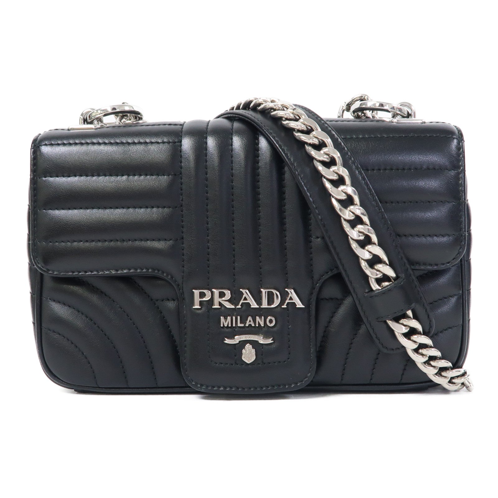 PRADA 牛皮皮革Diagramme Chain Shoulder Bag銀扣鏈帶肩背袋黑色