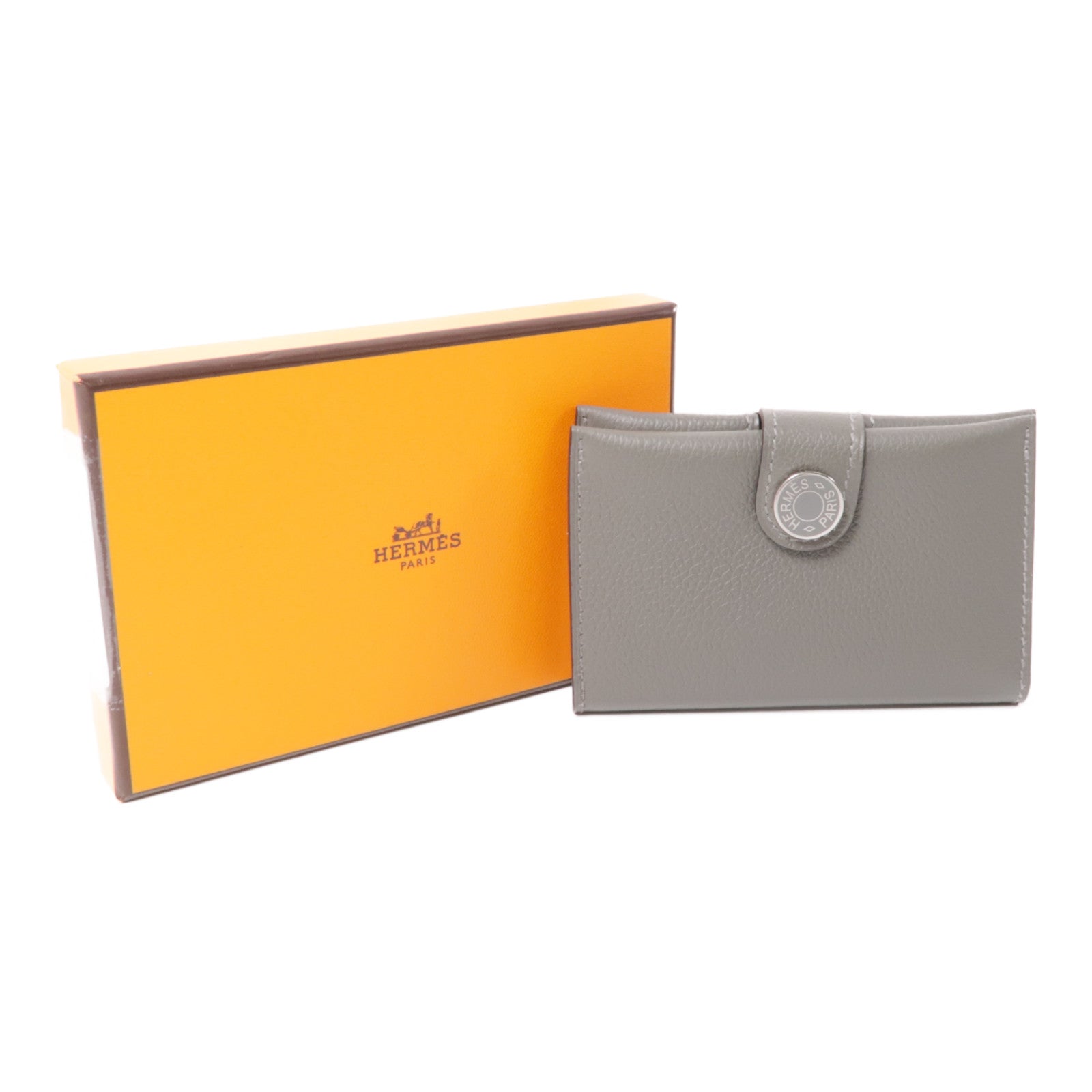 HERMES Evercolor皮革Porte-Cartes銀扣卡片套Gris Meyer灰色