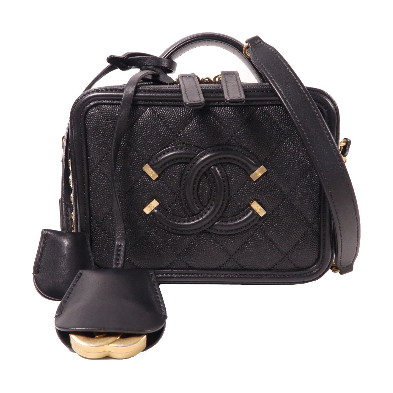 CHANEL 菱格Caviar皮革Vanity Case金扣手挽肩背兩用袋黑色