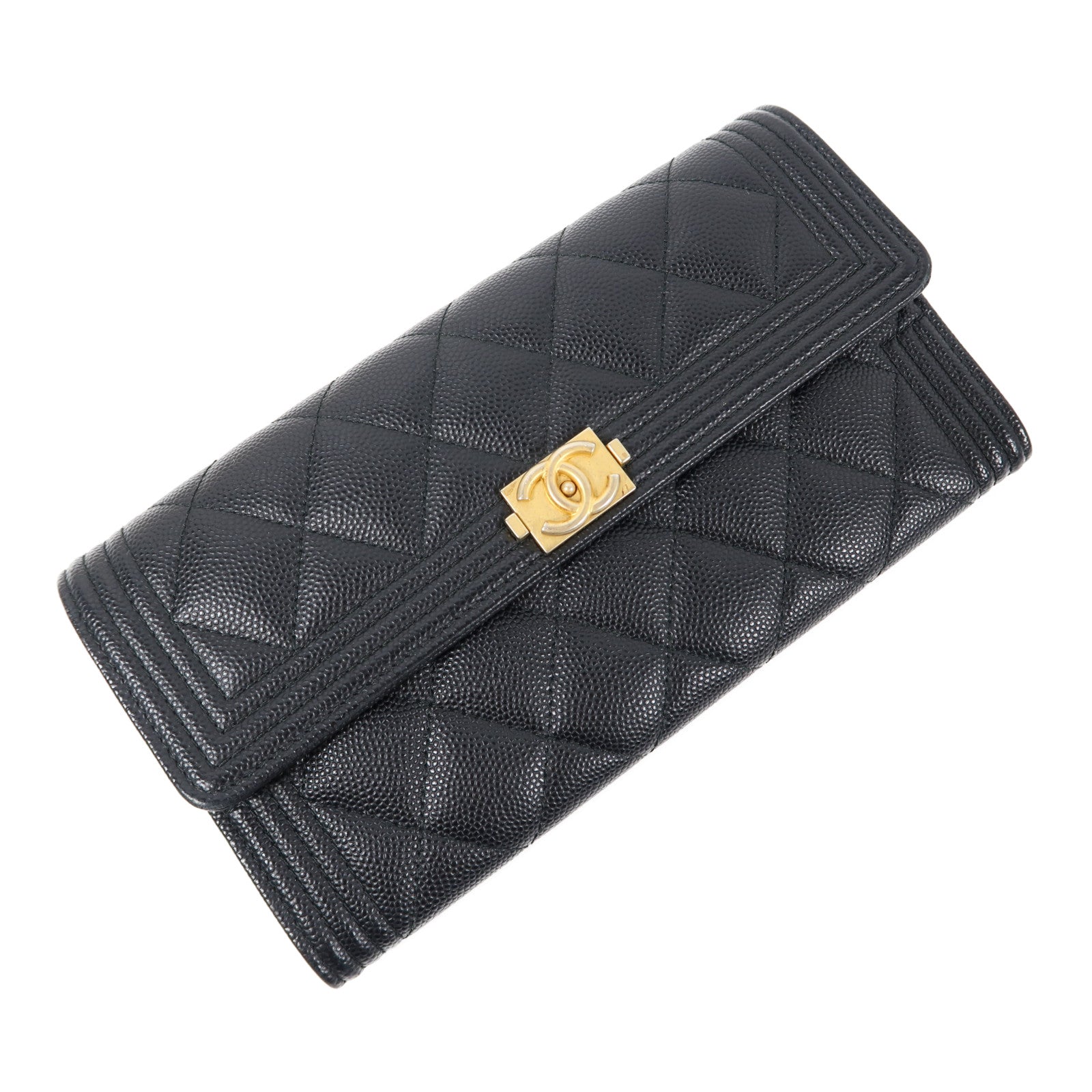 CHANEL 菱格Caviar皮革Boy Long Wallet金扣長錢包黑色