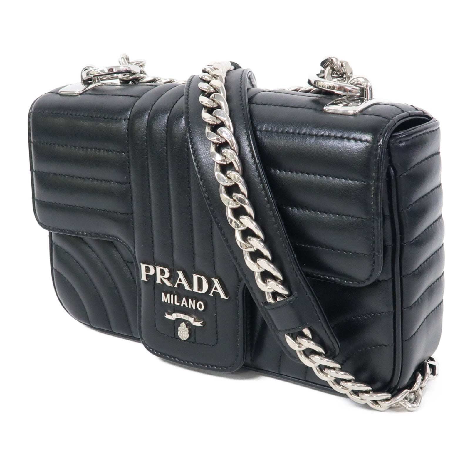 PRADA 牛皮皮革Diagramme Chain Shoulder Bag銀扣鏈帶肩背袋黑色