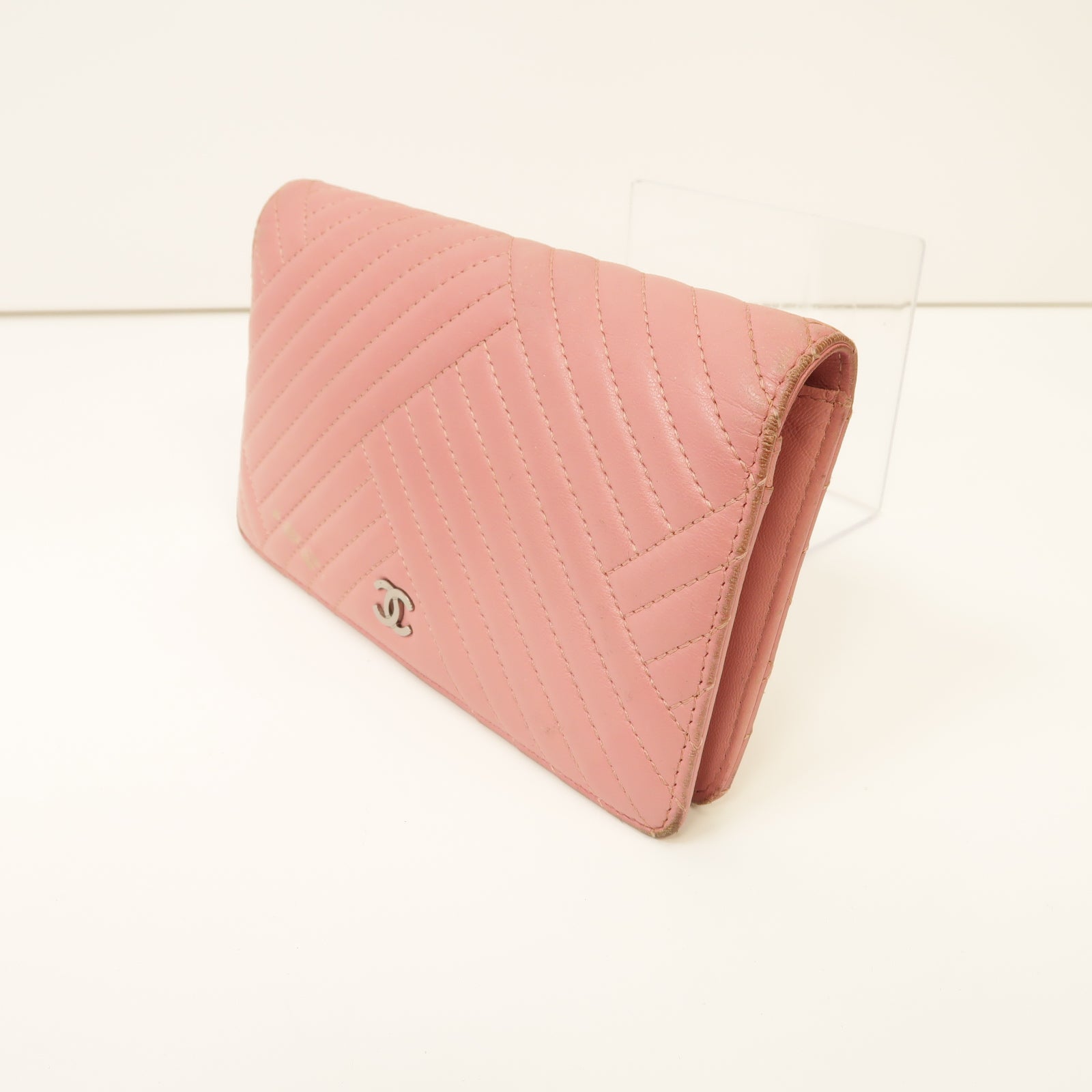 CHANEL 【激減優惠】羊皮皮革Long Wallet銀扣長錢包粉紅色