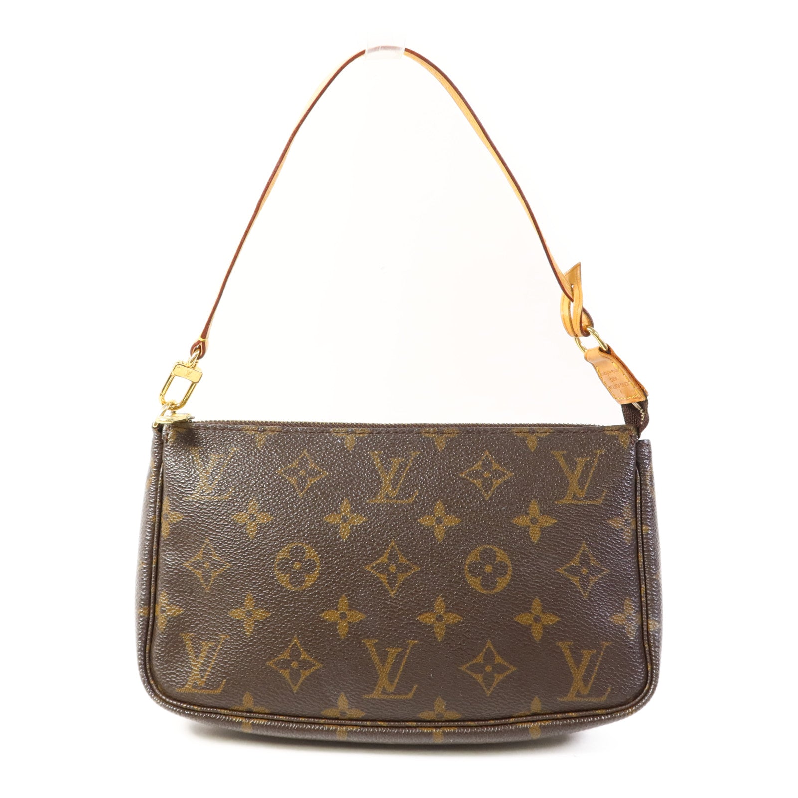 LOUIS VUITTON Monogram Pochette Accessoires金扣手挽袋棕色