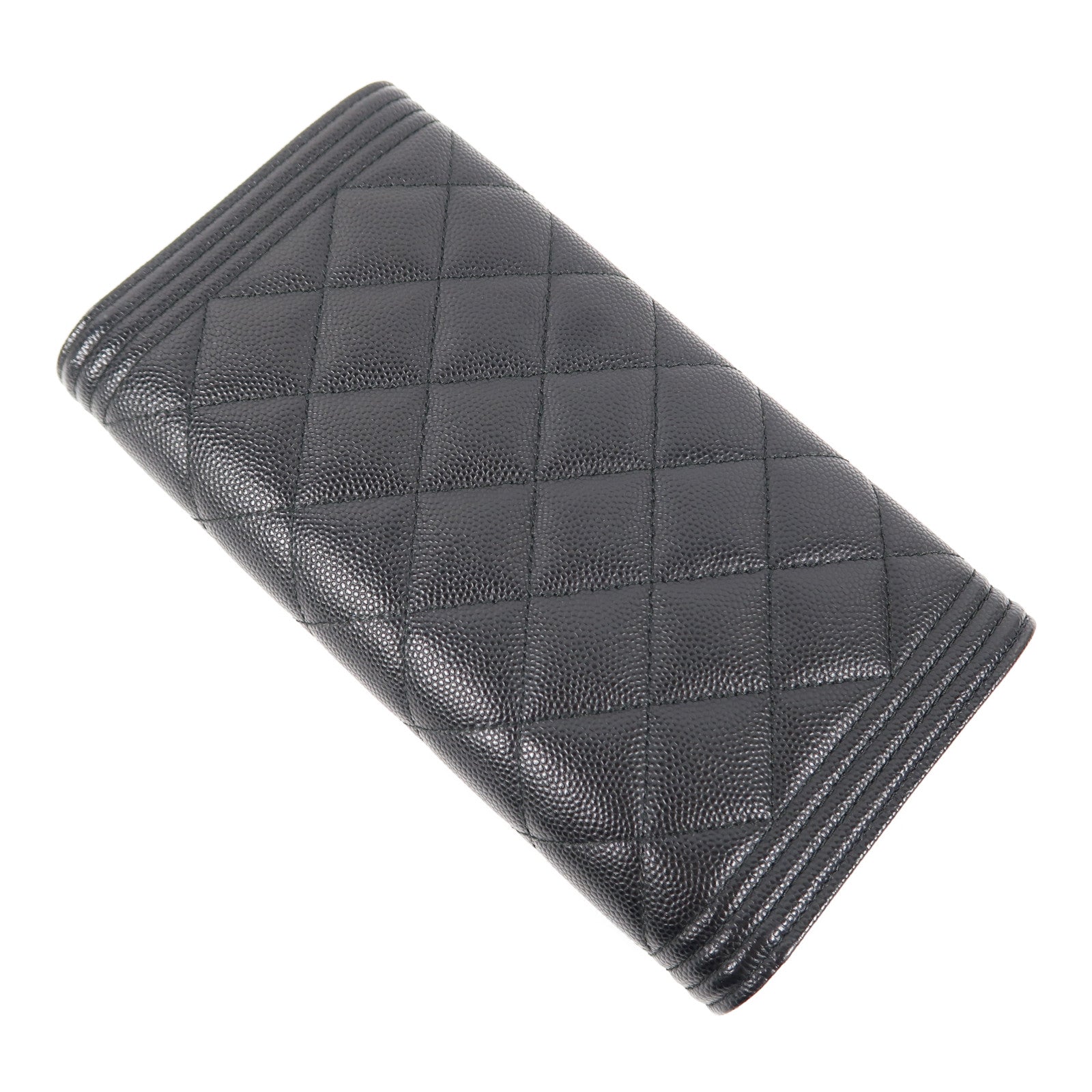CHANEL 菱格Caviar皮革Boy Long Wallet金扣長錢包黑色