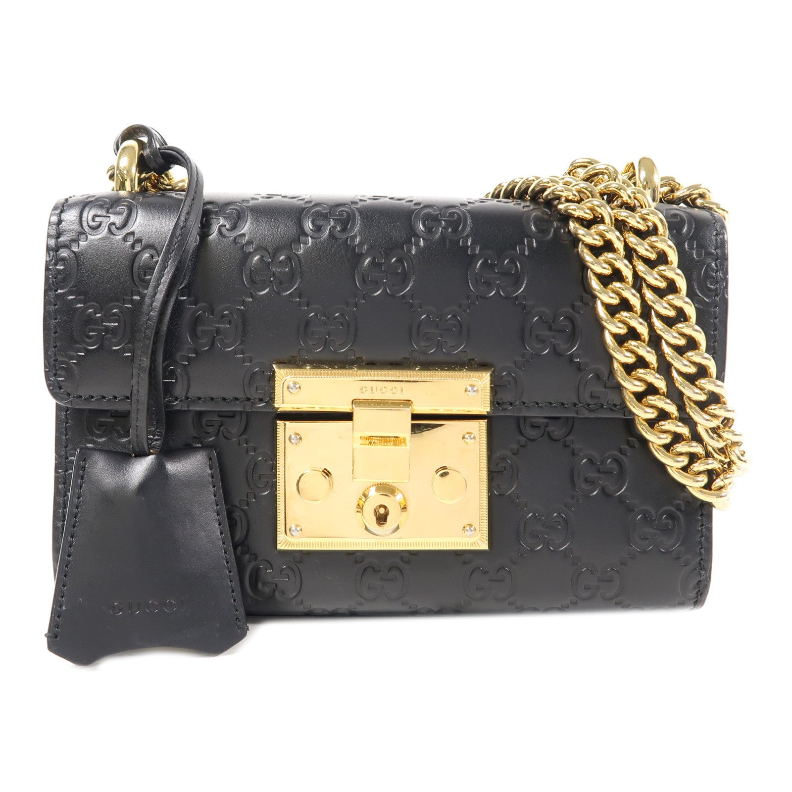 GUCCI 牛皮皮革Chain Shoulder金扣鏈帶肩背袋黑色