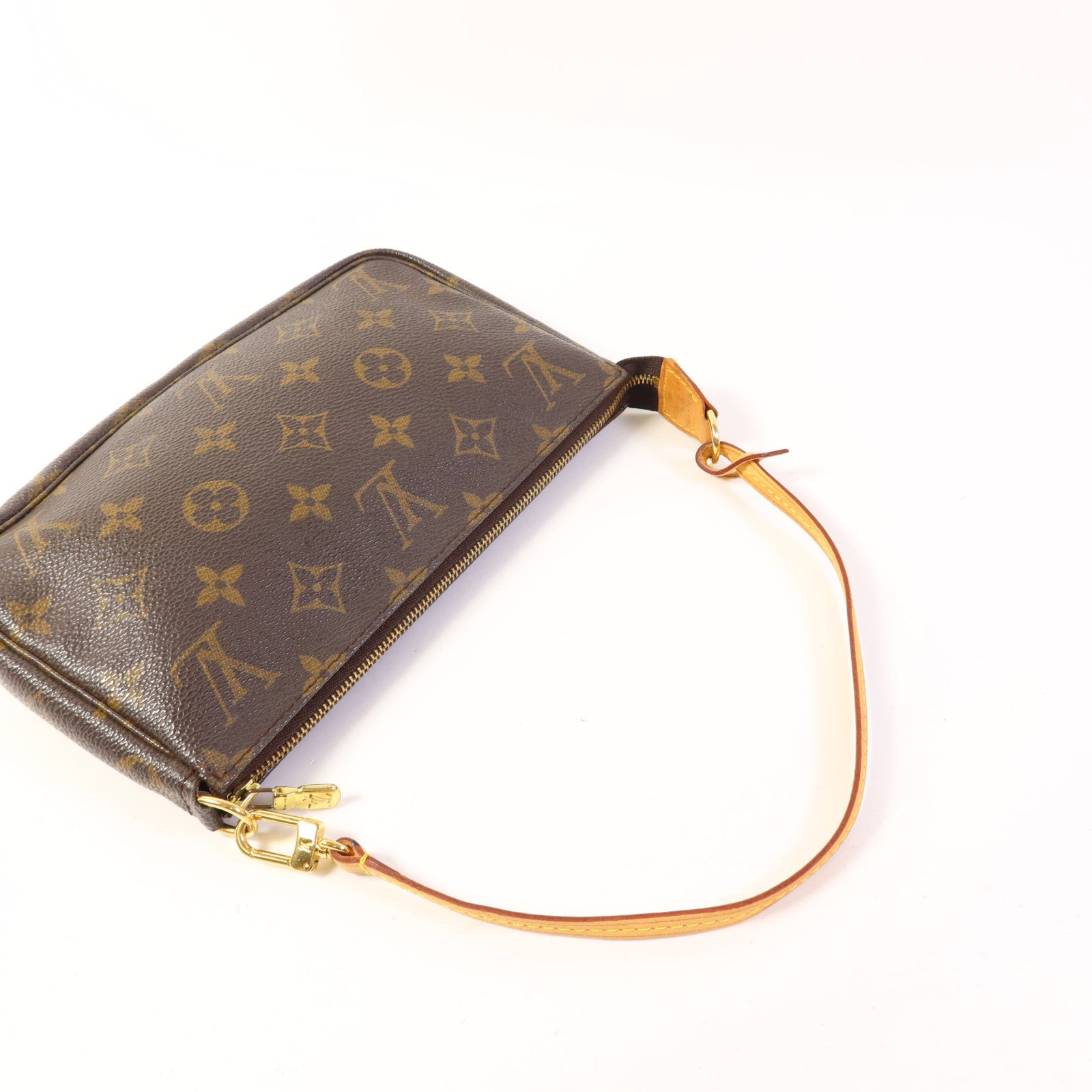LOUIS VUITTON Monogram Pochette Accessoires金扣手挽袋棕色