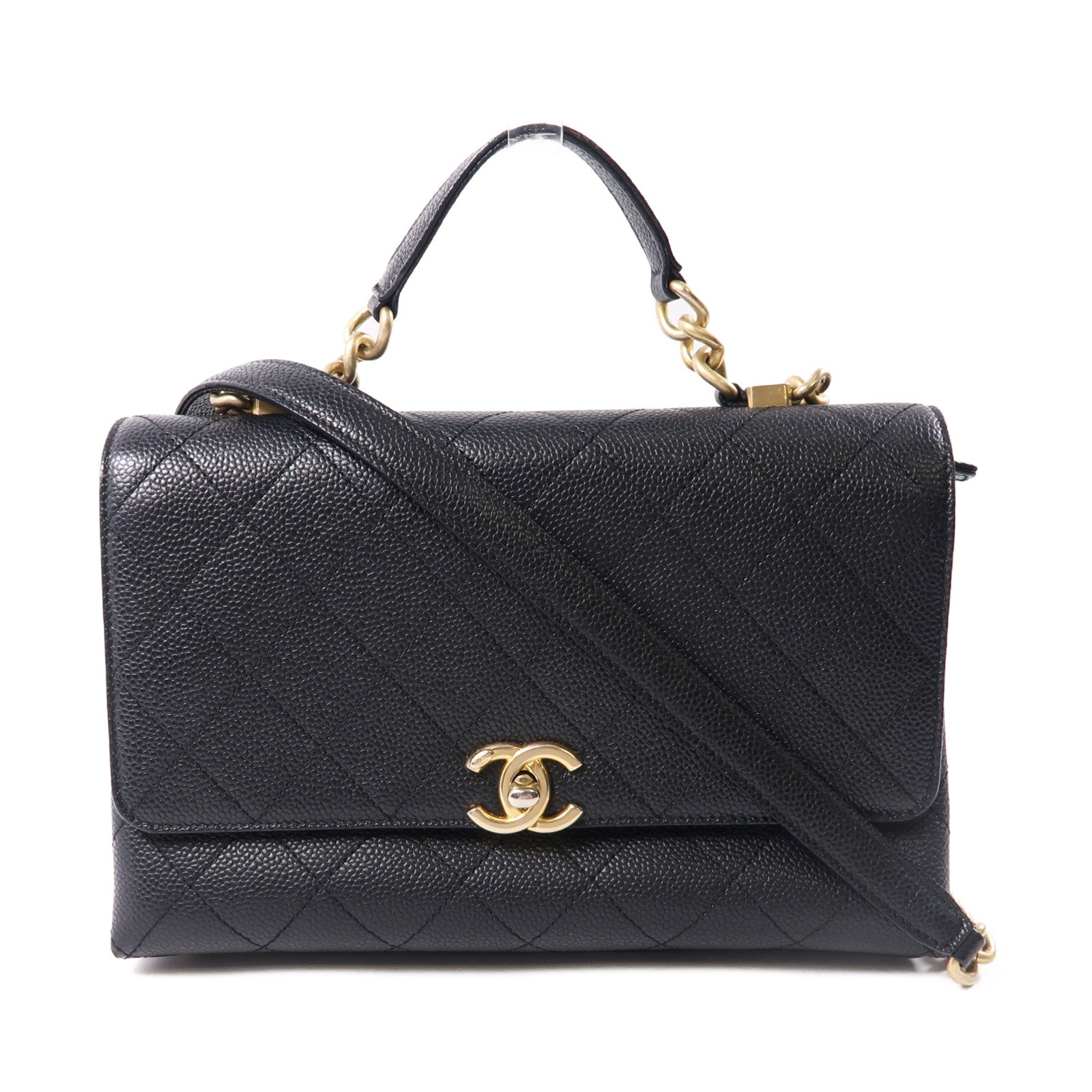 CHANEL 牛皮皮革2Way Shoulder金扣鏈帶手挽肩背兩用袋黑色
