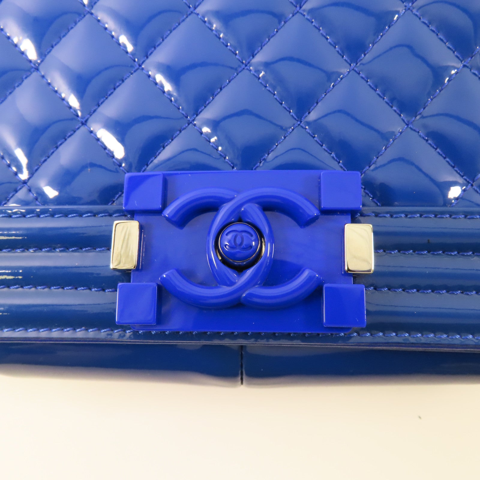 CHANEL CC SHW Boy 28 Chain Shoulder Bag Patent Leather Blue