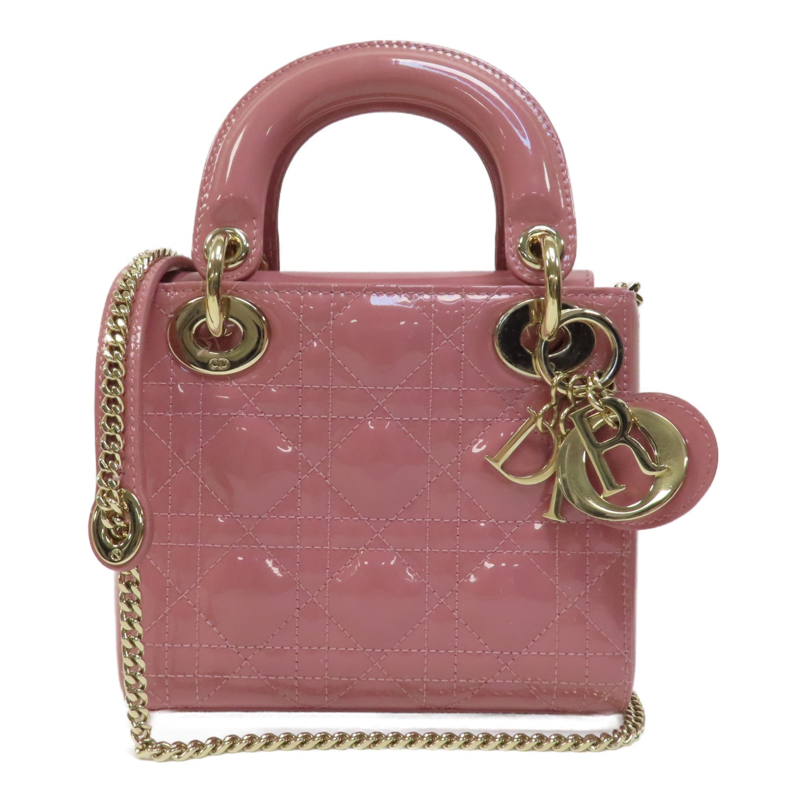 Dior 漆皮皮革Lady Dior Mini金扣鏈帶肩背袋粉紅色