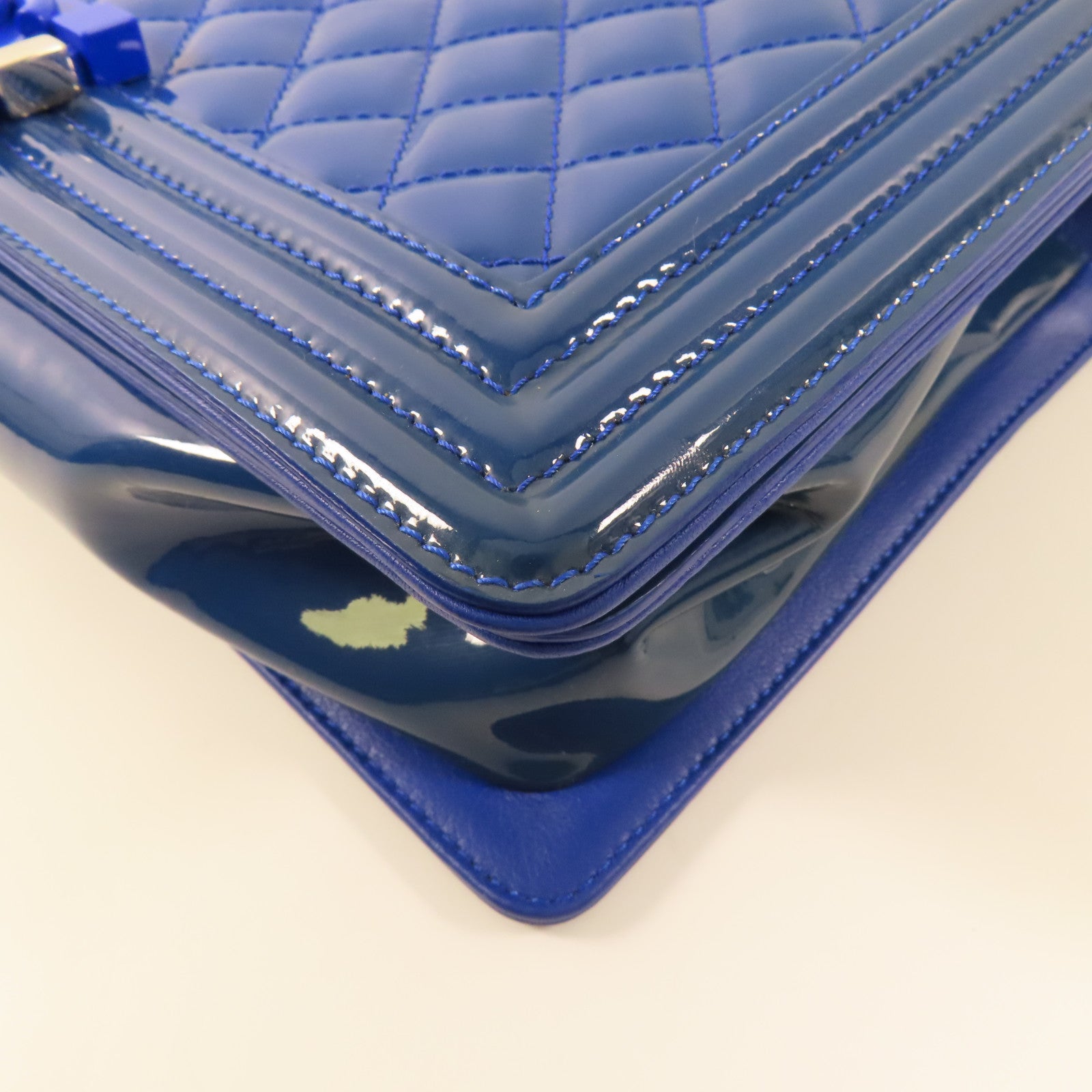 CHANEL CC SHW Boy 28 Chain Shoulder Bag Patent Leather Blue