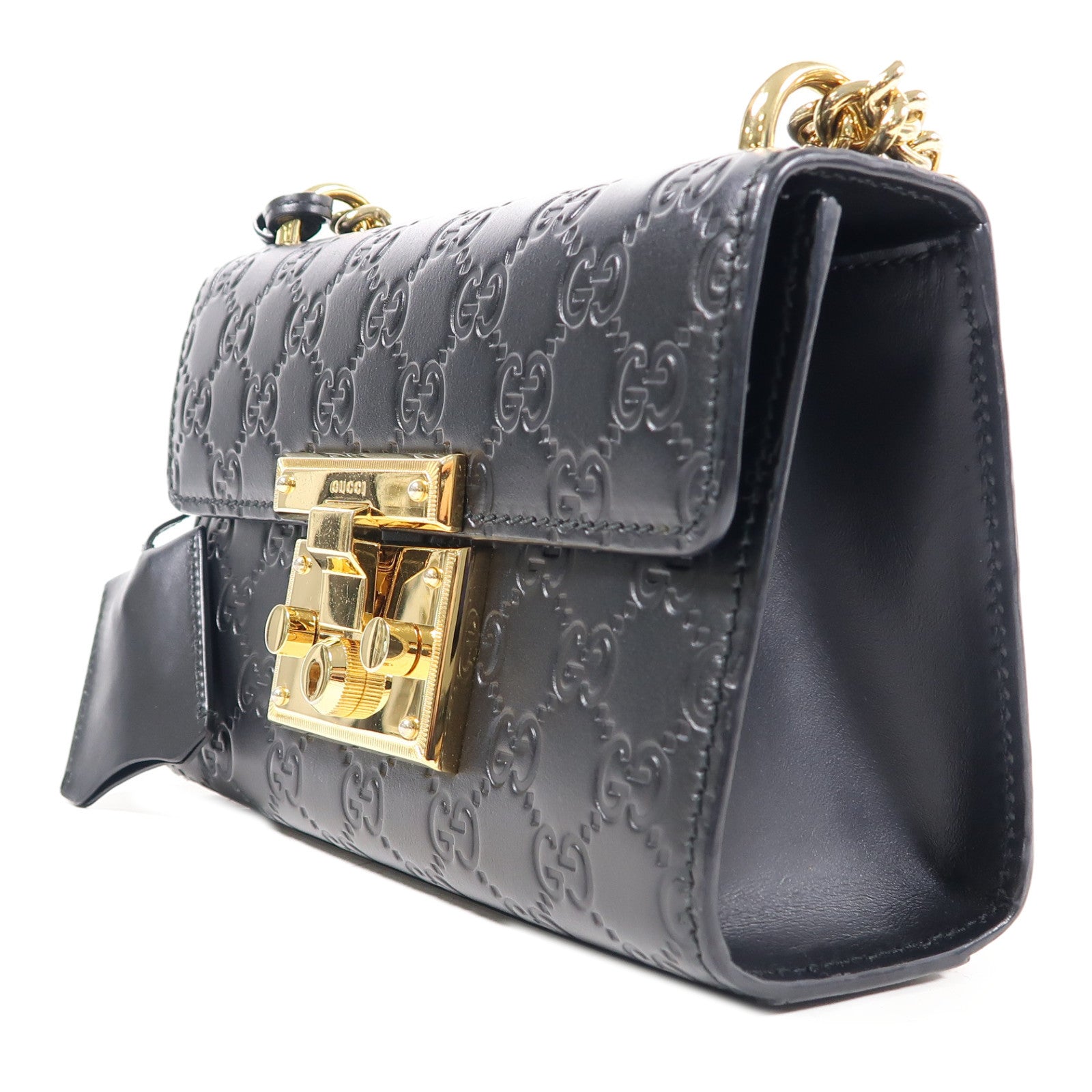 GUCCI 牛皮皮革Chain Shoulder金扣鏈帶肩背袋黑色