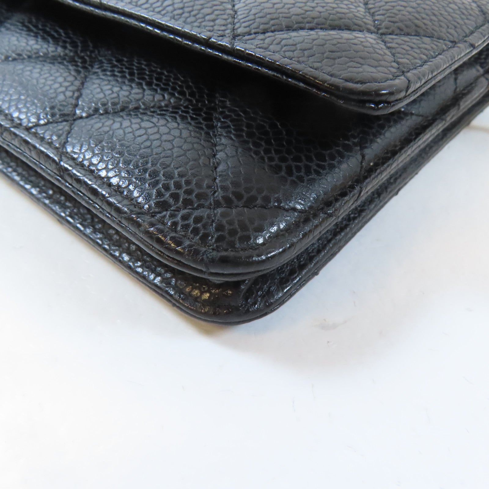 CHANEL 菱格Caviar皮革WOC Wallet On Chain Shoulder Bag金扣鏈帶肩背袋黑色
