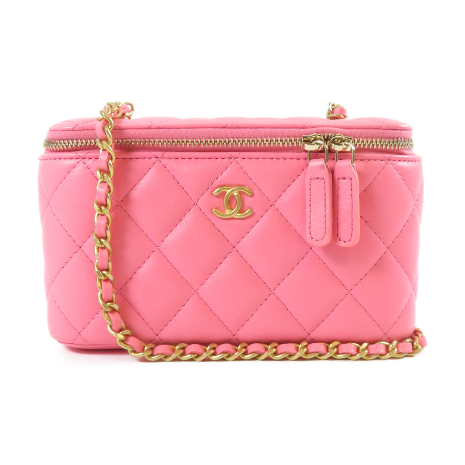 CHANEL **【激減優惠】菱格羊皮皮革Vanity Case金扣鏈帶肩背袋粉紅色