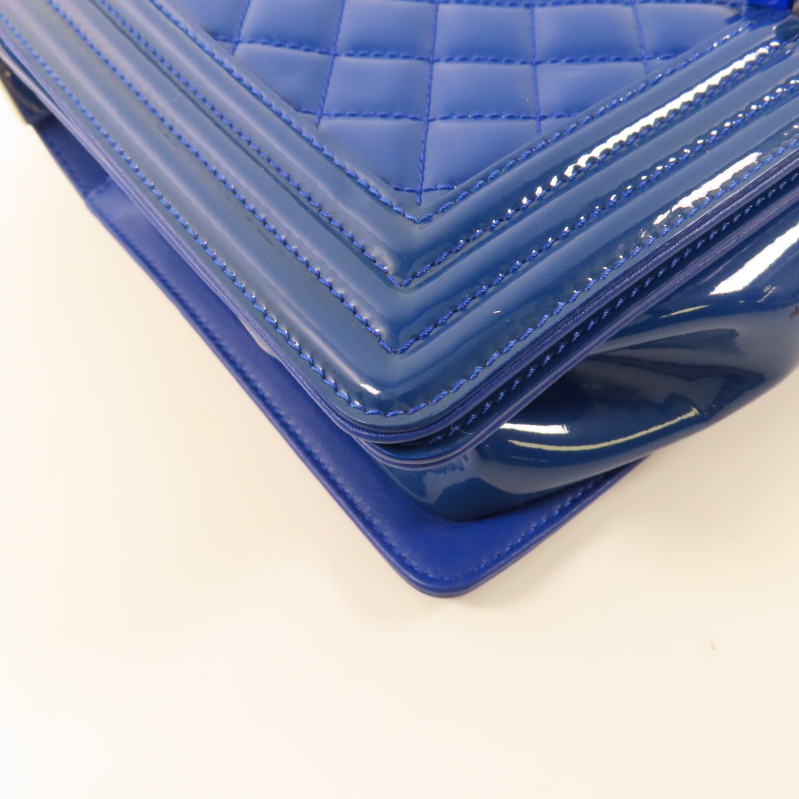 CHANEL CC SHW Boy 28 Chain Shoulder Bag Patent Leather Blue