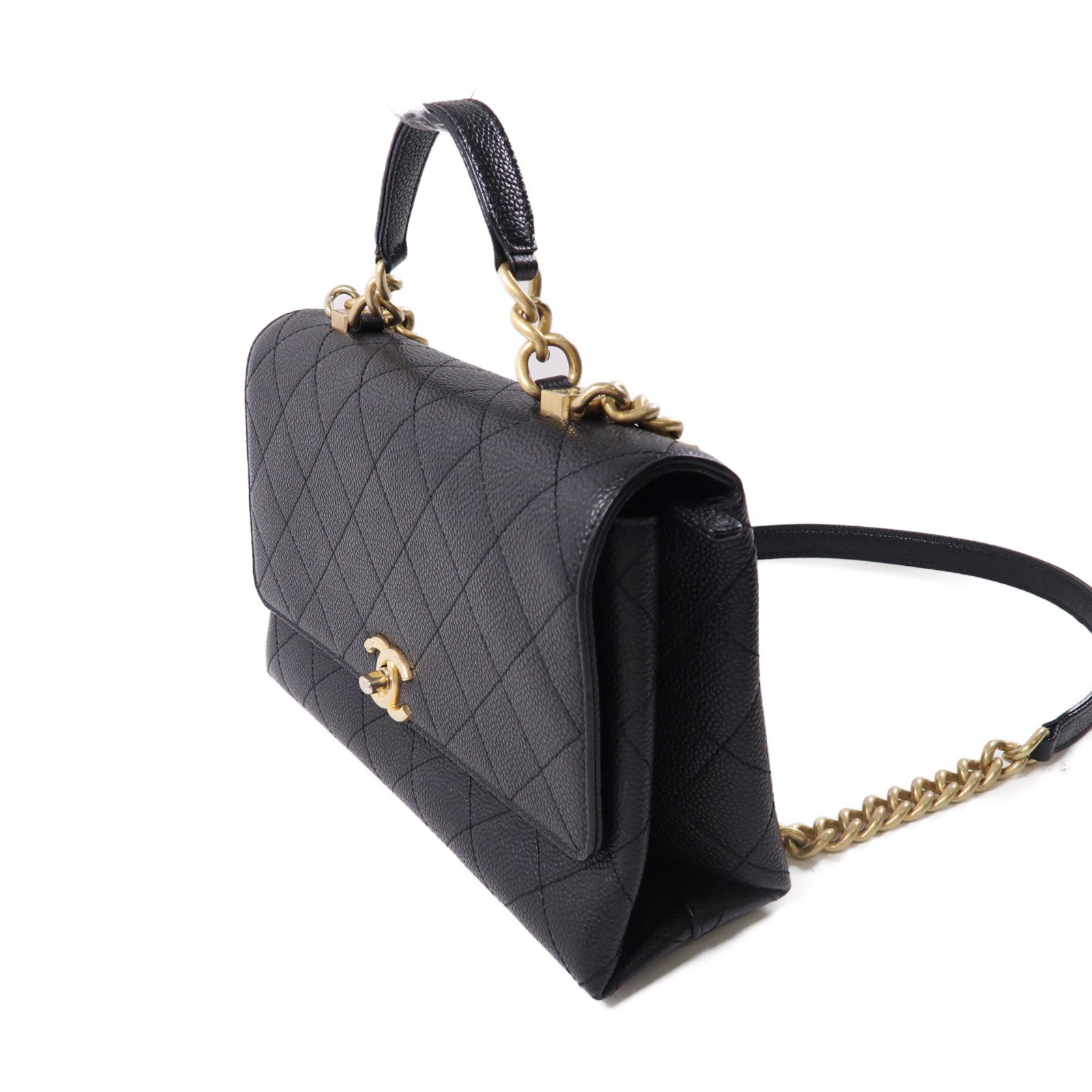 CHANEL 牛皮皮革2Way Shoulder金扣鏈帶手挽肩背兩用袋黑色