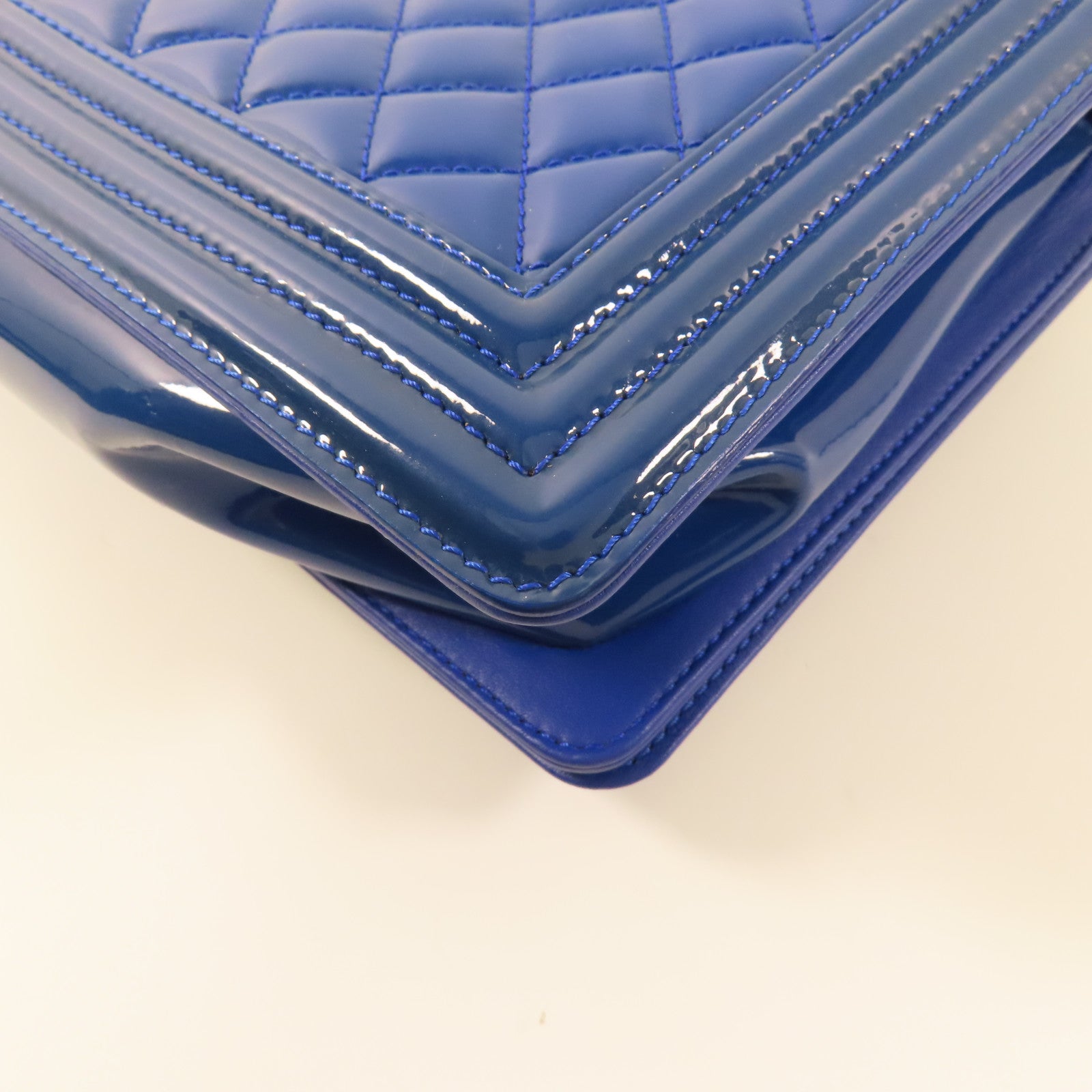 CHANEL CC SHW Boy 28 Chain Shoulder Bag Patent Leather Blue