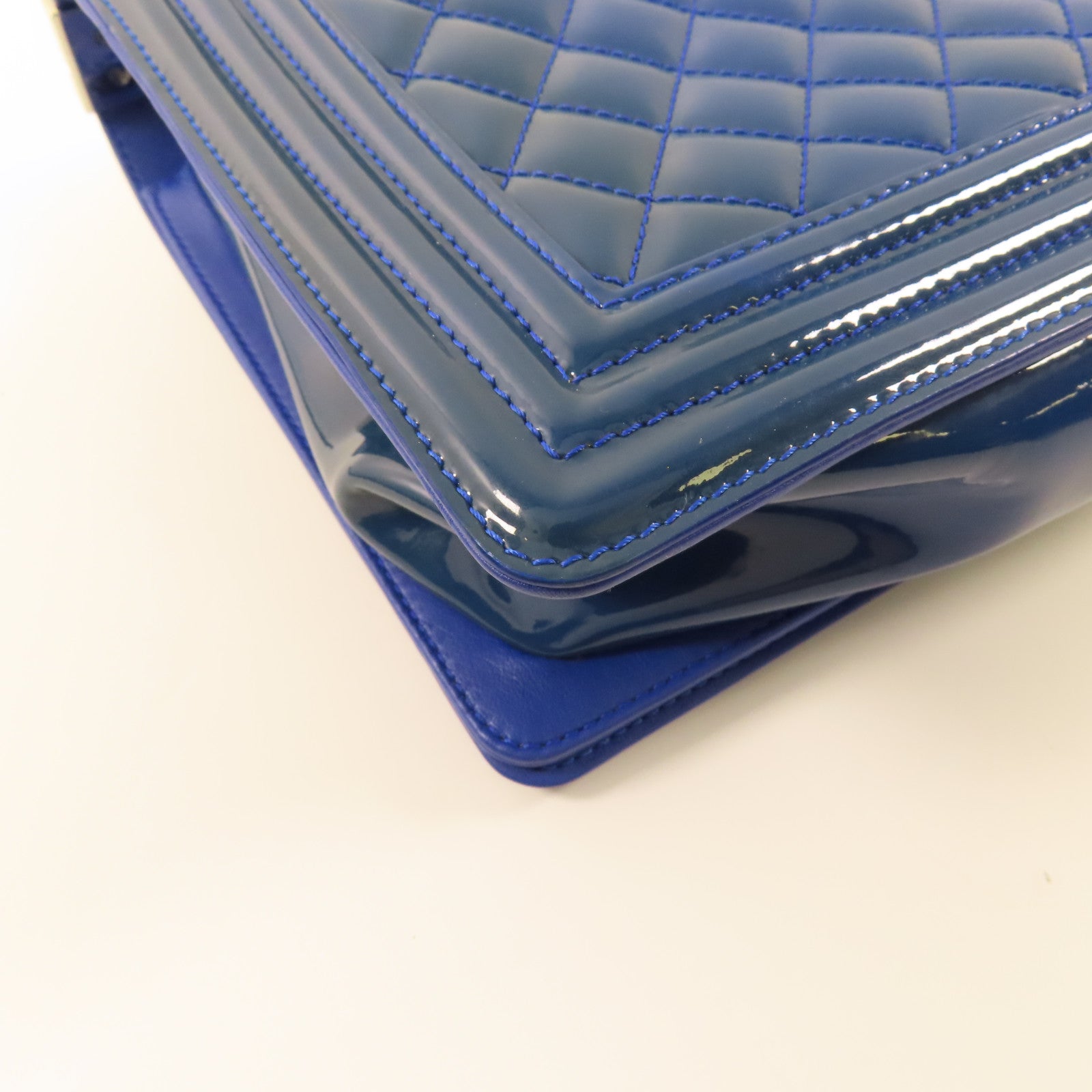 CHANEL CC SHW Boy 28 Chain Shoulder Bag Patent Leather Blue