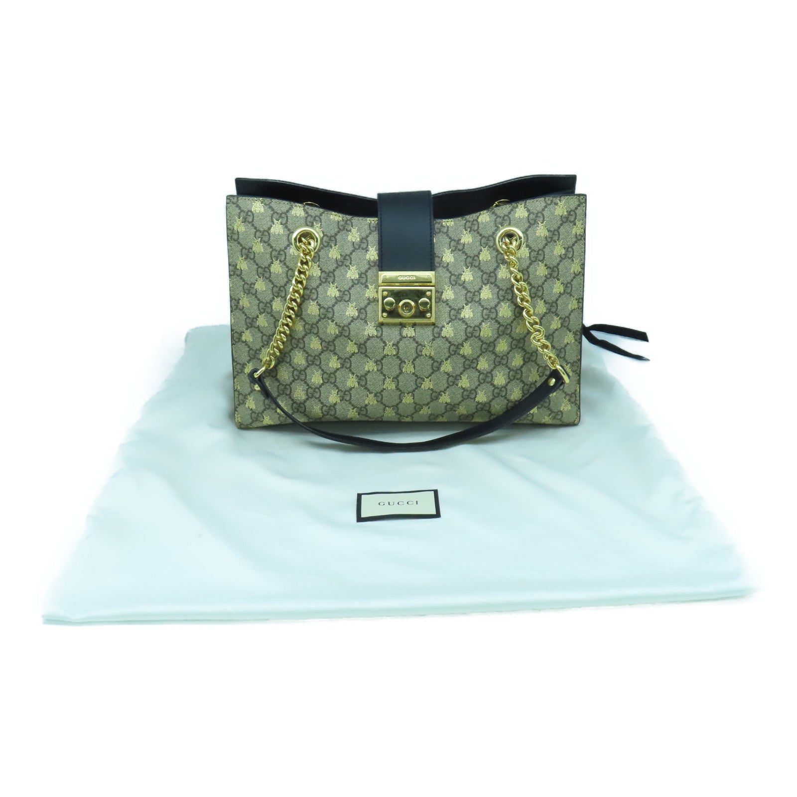GUCCI 【激減優惠】塗層帆布Padlock Medium Shoulder Bag金扣鏈帶肩背袋啡色/黑色