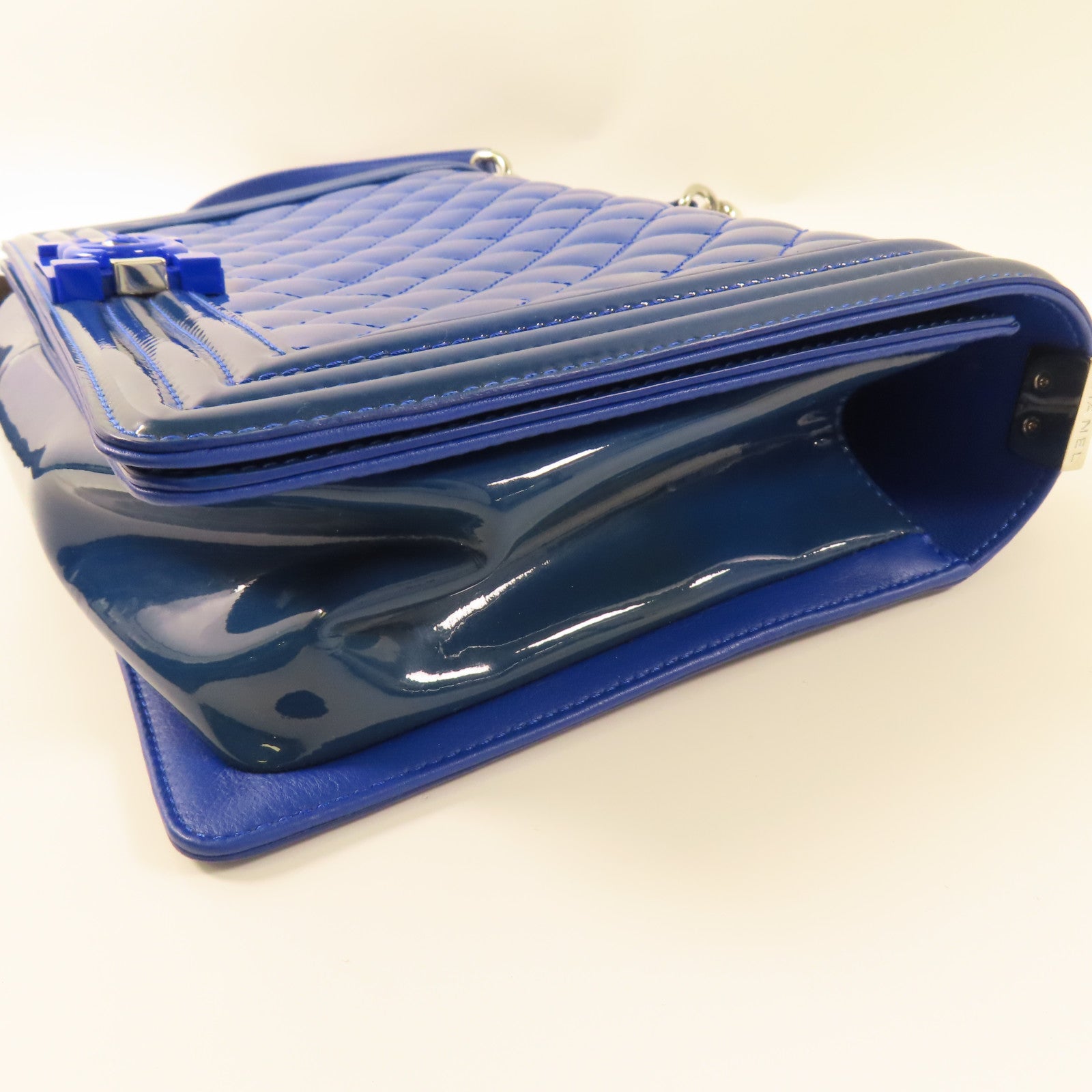 CHANEL CC SHW Boy 28 Chain Shoulder Bag Patent Leather Blue