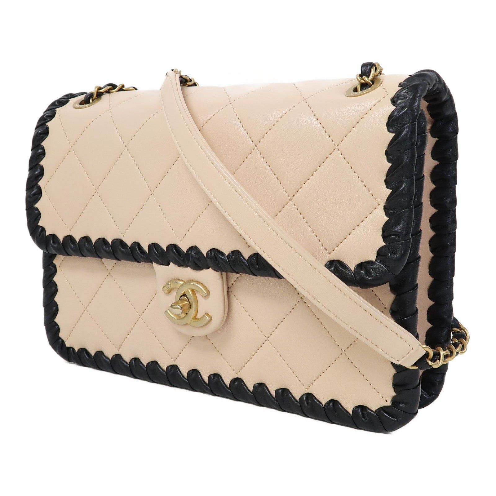 CHANEL 菱格牛皮皮革Shoulder Bag金扣鏈帶肩背袋粉紅色/黑色
