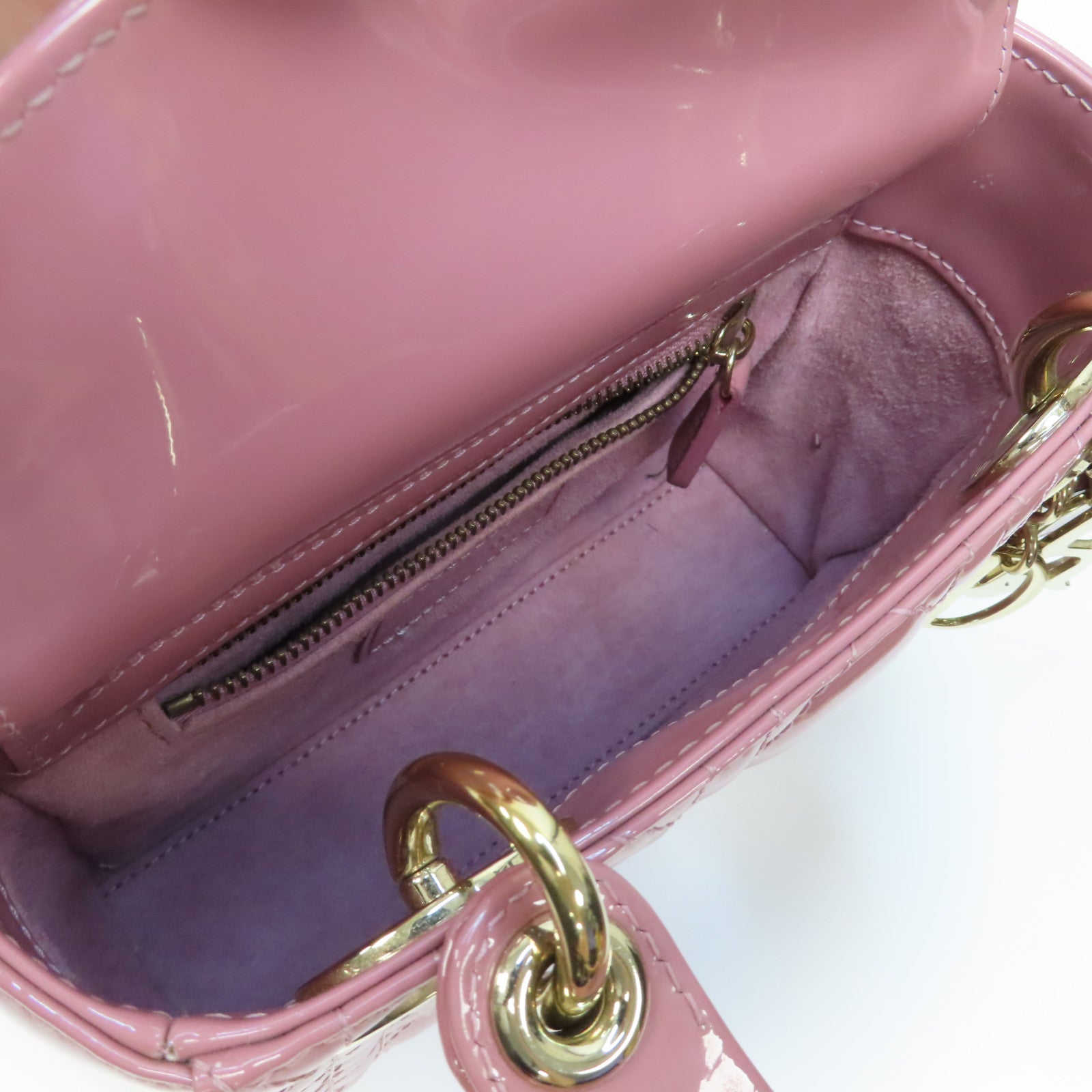 Dior 漆皮皮革Lady Dior Mini金扣鏈帶肩背袋粉紅色