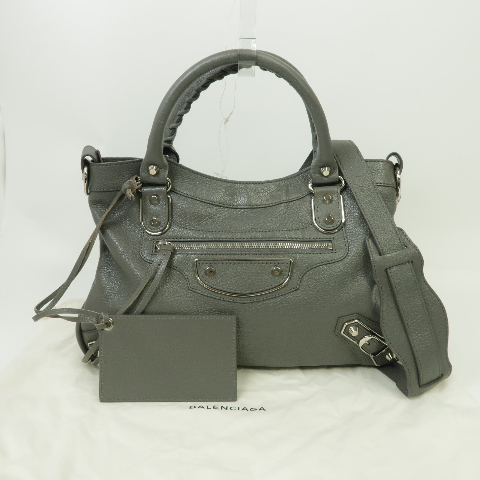 BALENCIAGA 牛皮皮革Metallic Edge City銀扣手挽肩背兩用袋灰色