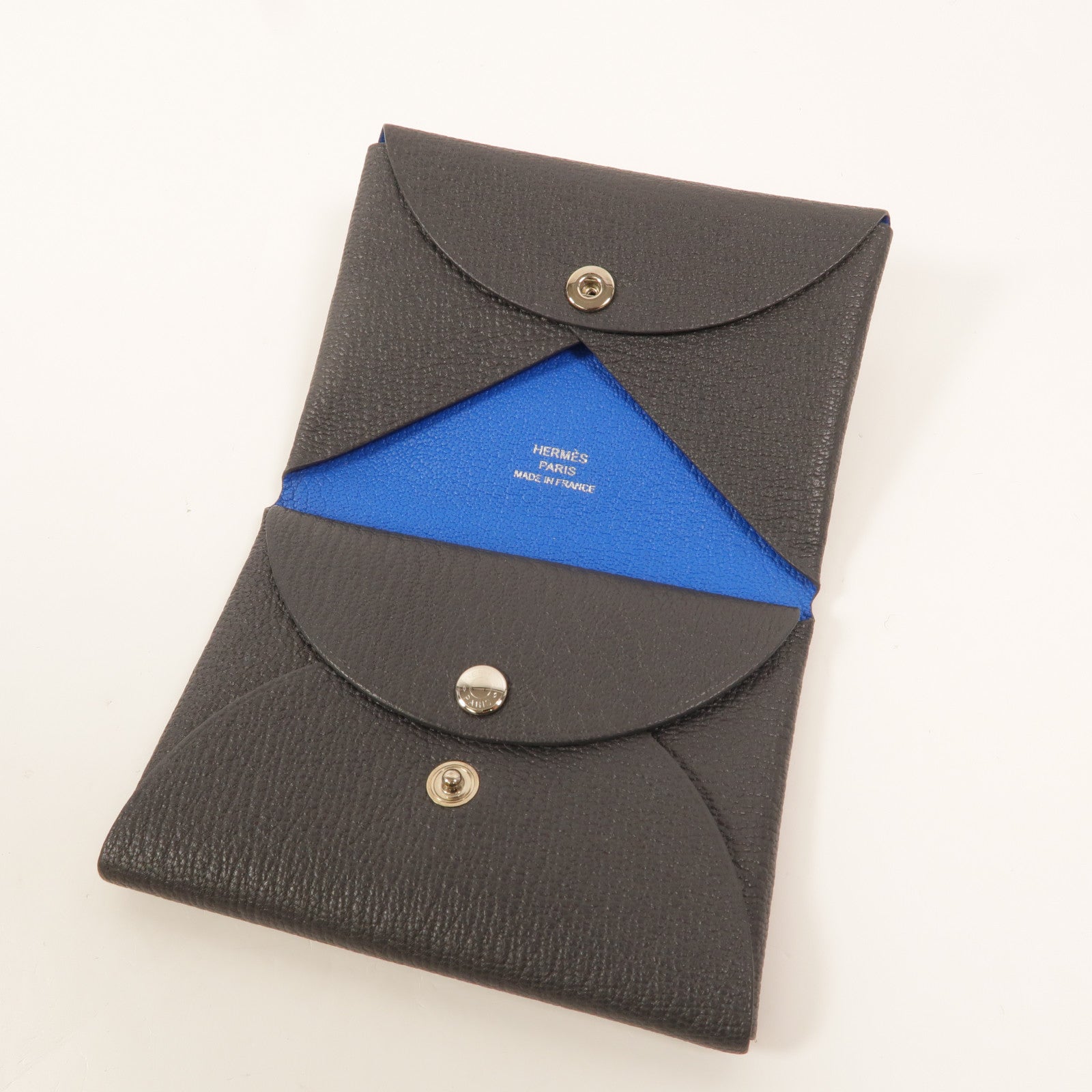 HERMES Chevre皮革Calvi Duo卡片套Graphite/Bleu Hydra
