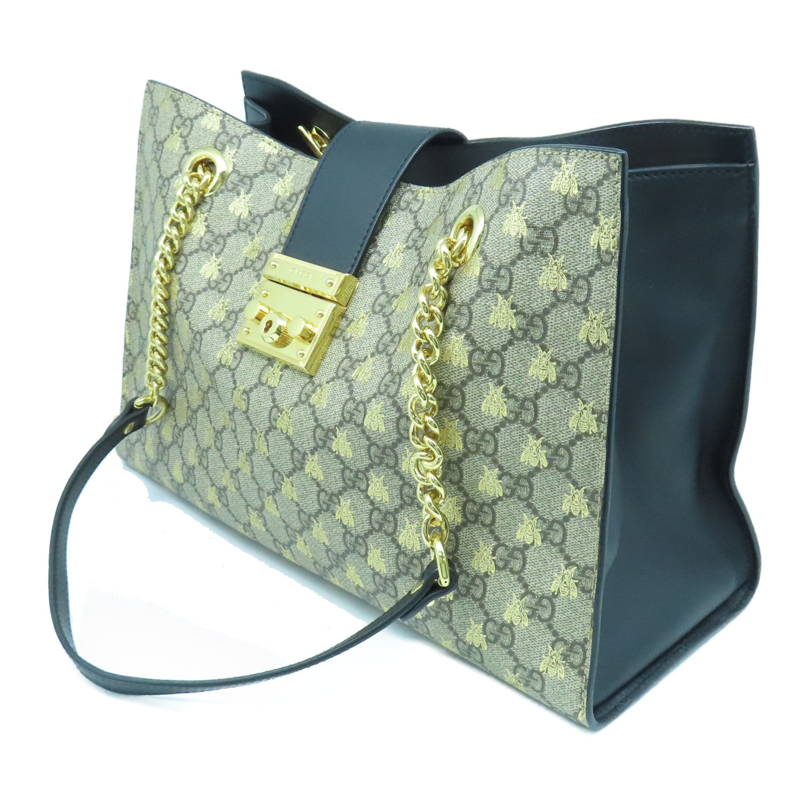 GUCCI 【激減優惠】塗層帆布Padlock Medium Shoulder Bag金扣鏈帶肩背袋啡色/黑色