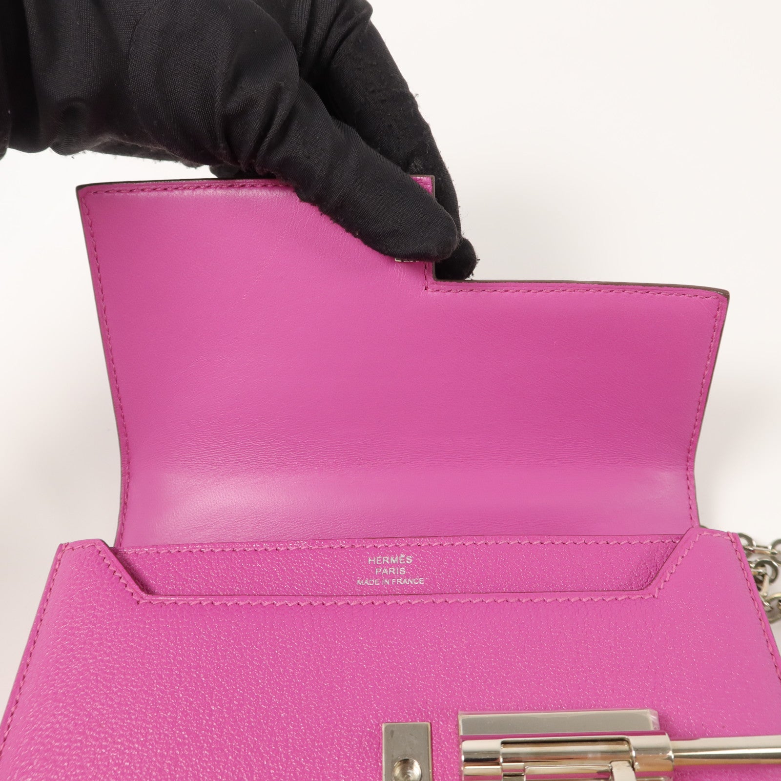 HERMES Chevre皮革Verrou Mini鏈帶肩背袋Rose Extreme