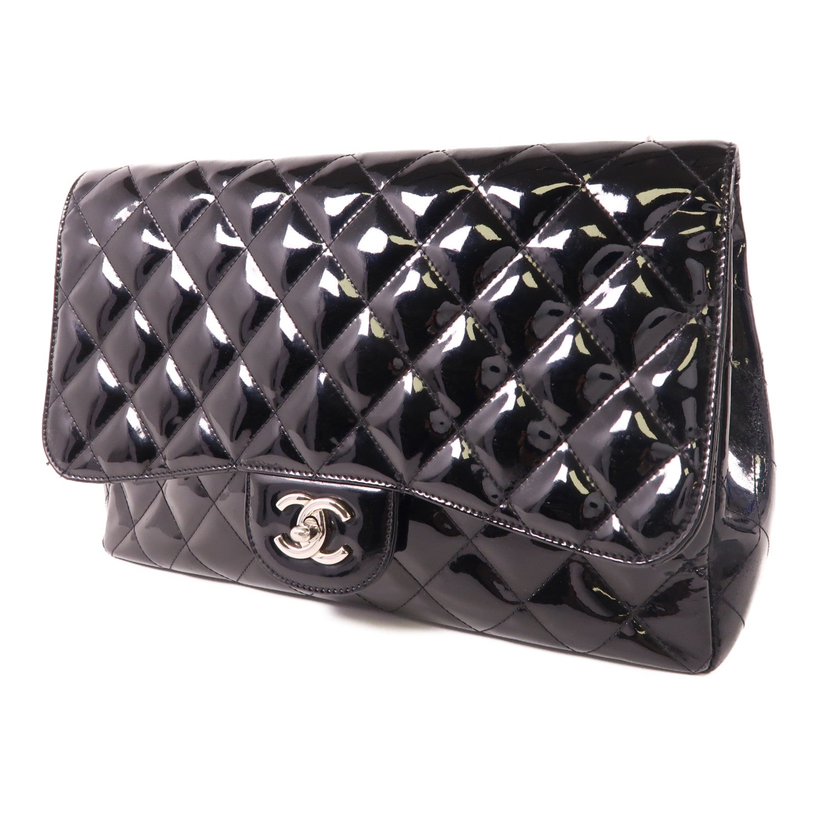 CHANEL 漆皮皮革Large Classic銀扣鏈帶肩背袋