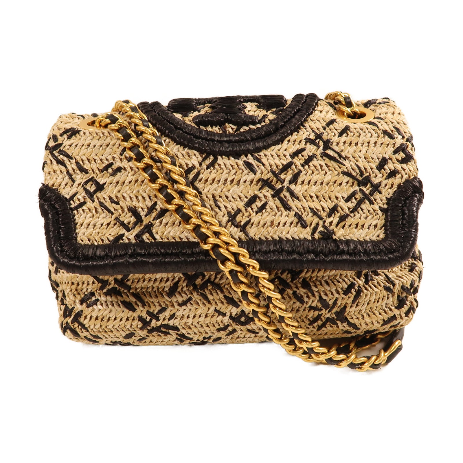 Tory Burch 藤料Chain Shoulder金扣鏈帶肩背袋米色/黑色