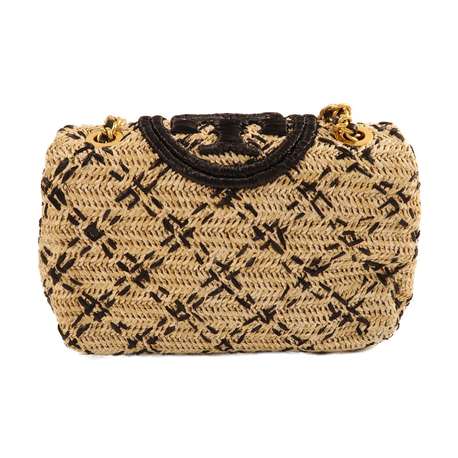 Tory Burch 藤料Chain Shoulder金扣鏈帶肩背袋米色/黑色