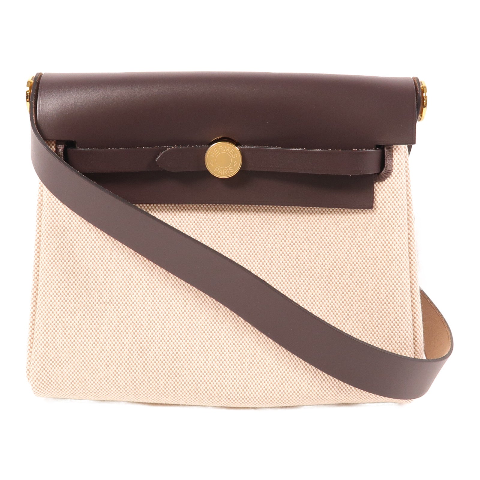 HERMES 帆布/皮革HerBag Zip 20金扣肩背袋