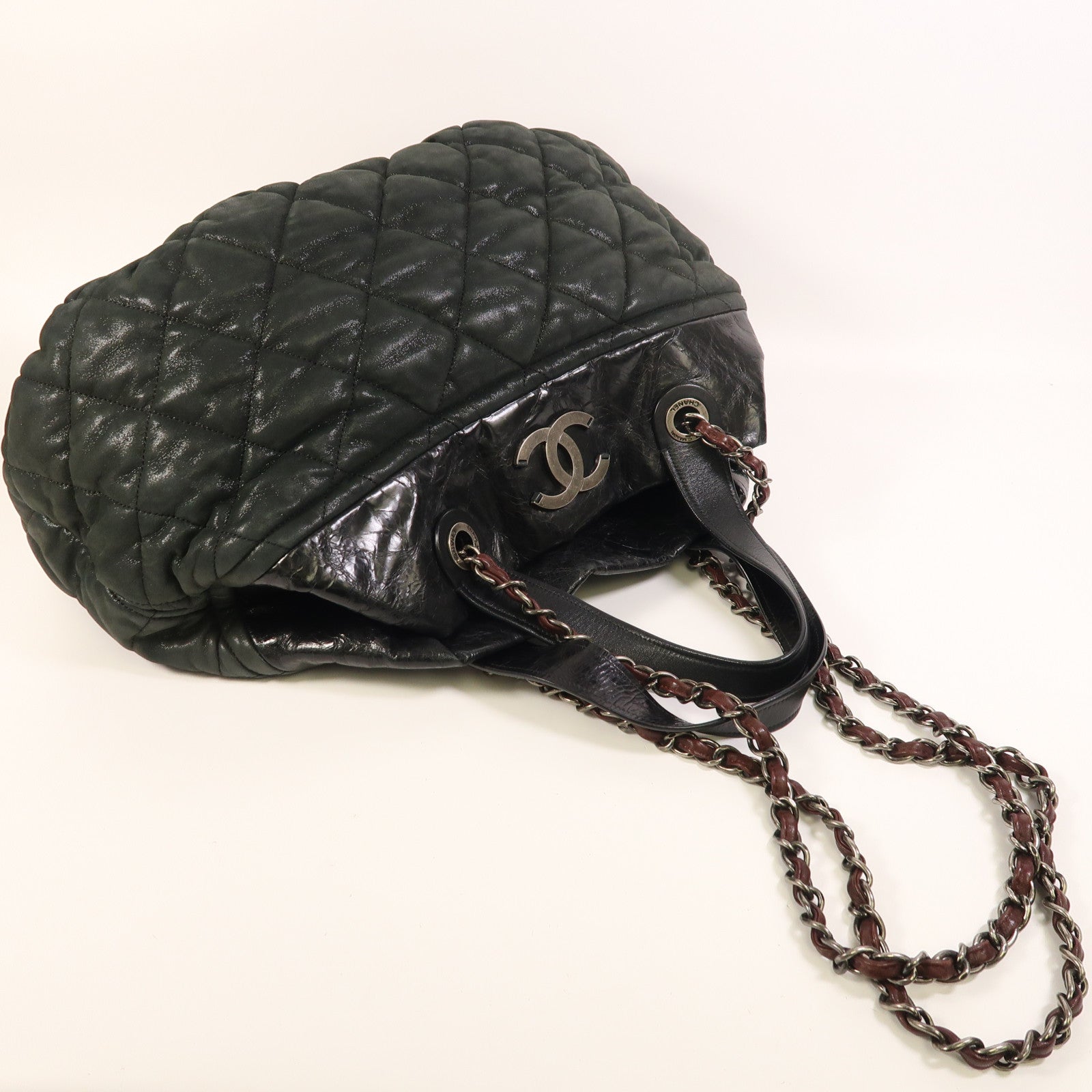 CHANEL 牛皮皮革Chain Shoulder銀扣手挽肩背兩用袋