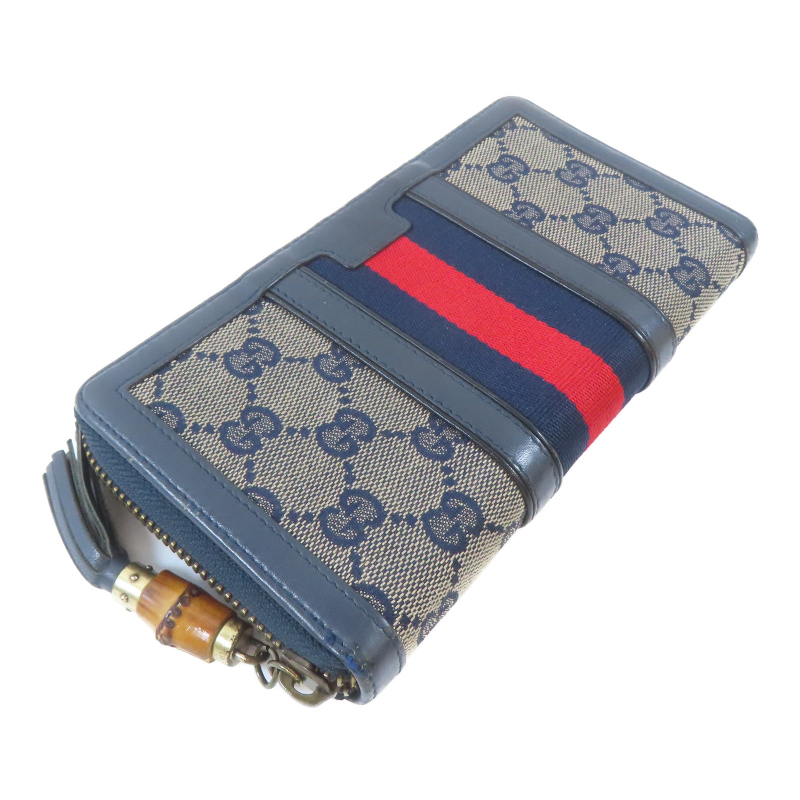 GUCCI 【激減優惠】帆布/皮革Long Round Wallet金扣長錢包深藍色