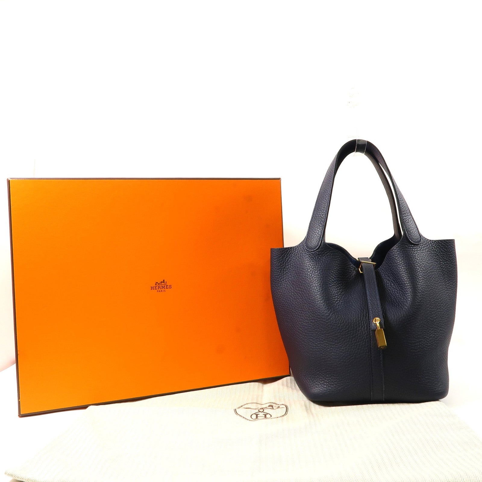 HERMES 【激減優惠】Clemence皮革Picotin MM金扣手挽袋深藍色