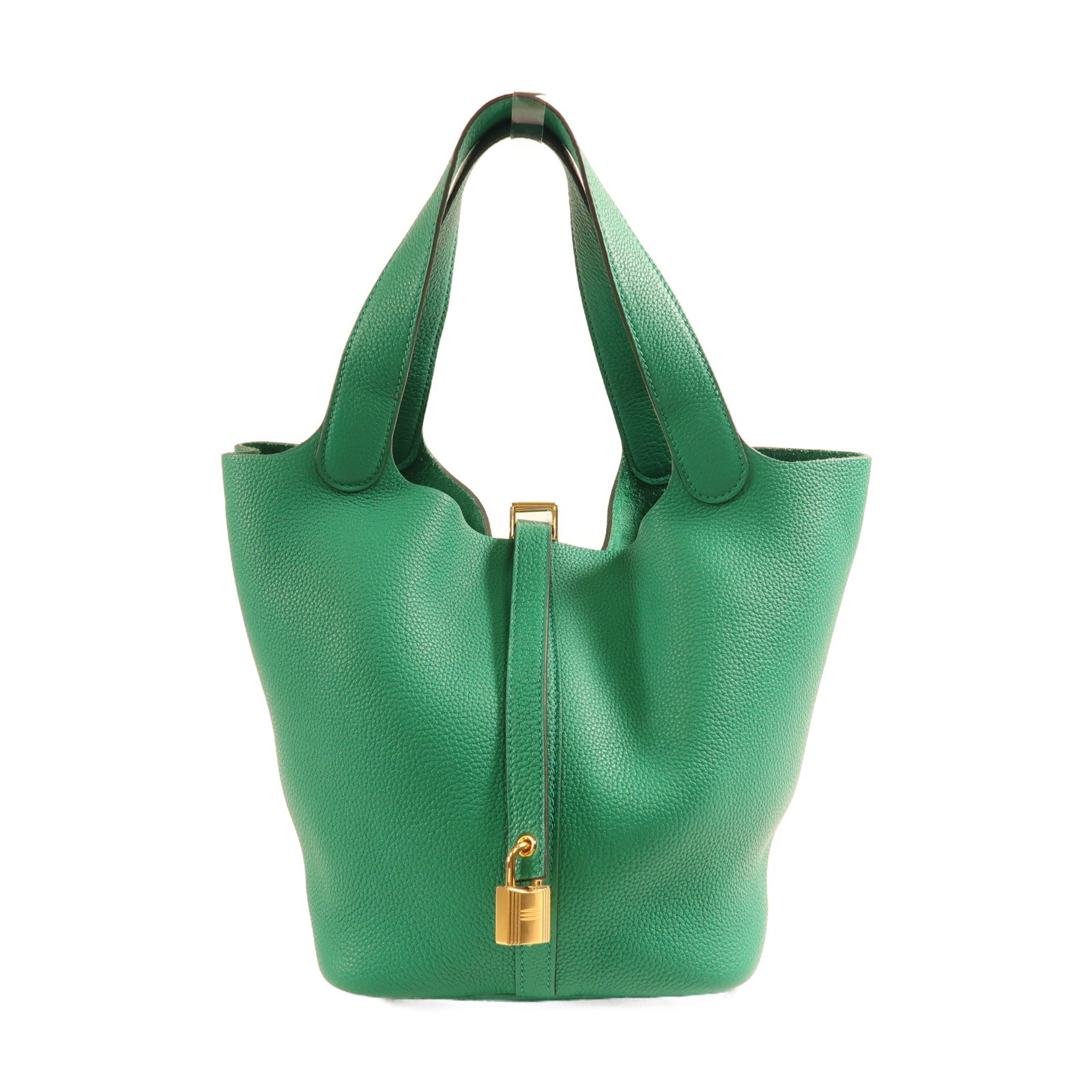 HERMES Clemence皮革Picotin MM金扣手挽袋Vert Vertigo絲絨綠