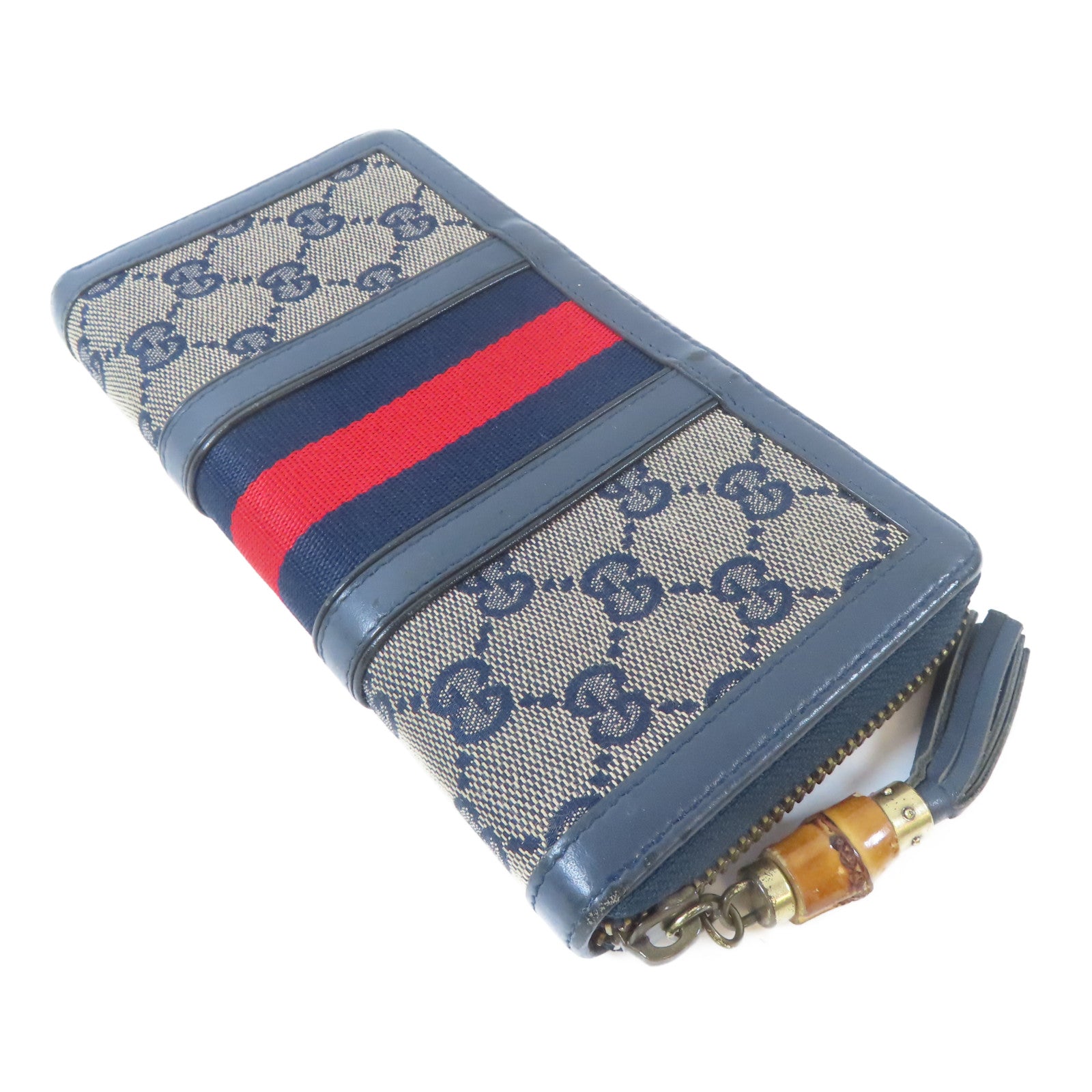 GUCCI 【激減優惠】帆布/皮革Long Round Wallet金扣長錢包深藍色
