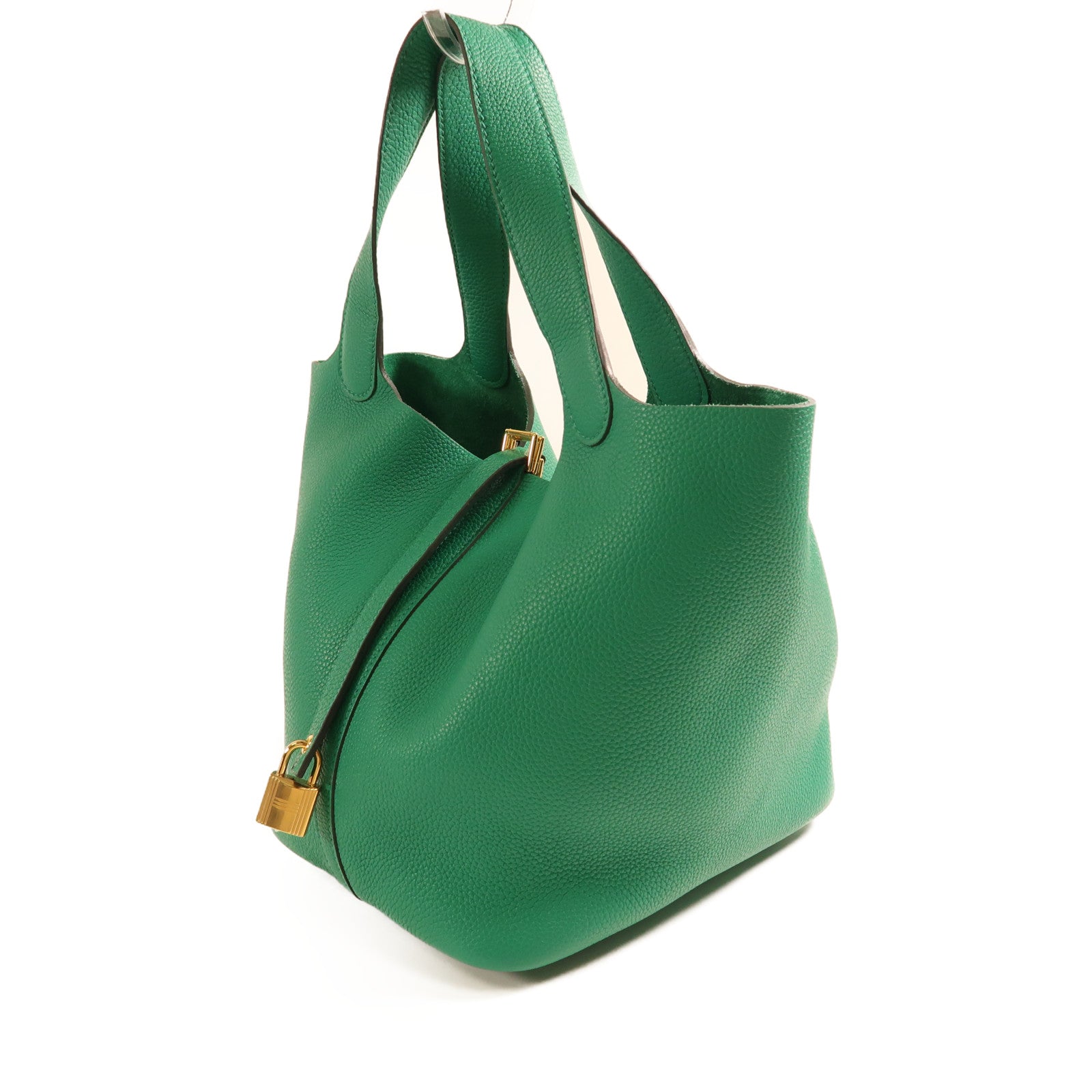 HERMES Clemence皮革Picotin MM金扣手挽袋Vert Vertigo絲絨綠