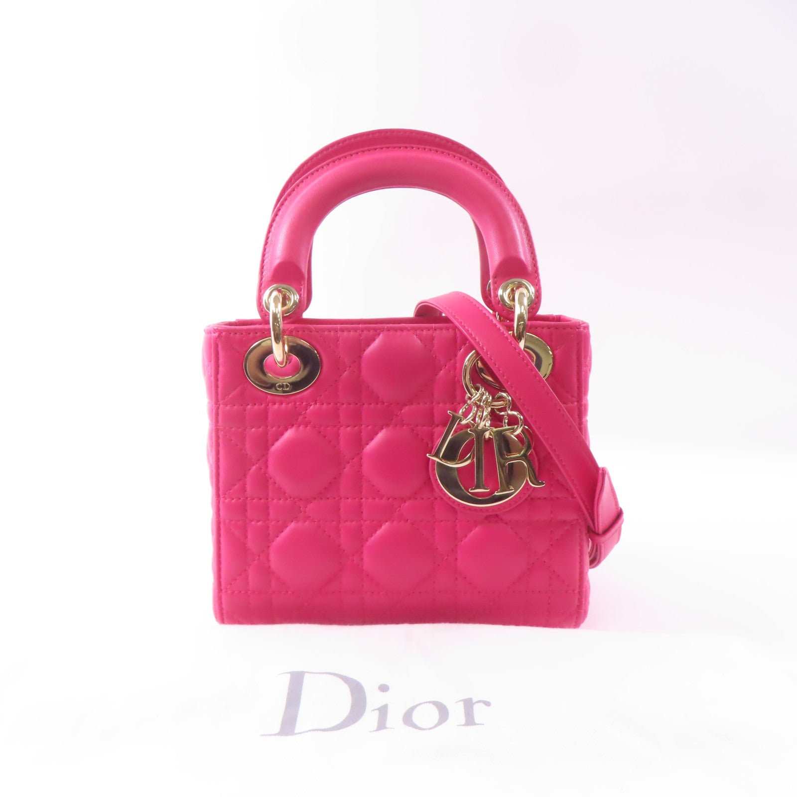Dior 牛皮皮革Mini Lady Dior金扣手挽肩背兩用袋粉紅色